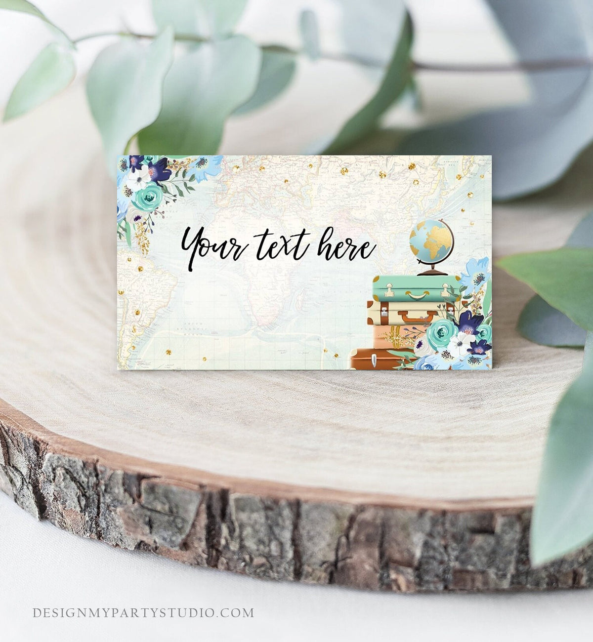 Editable Travel Adventure Food Label Place Card Tent Card Escort Bridal Shower Blue Floral Gold Digital Download Template Printable 0030