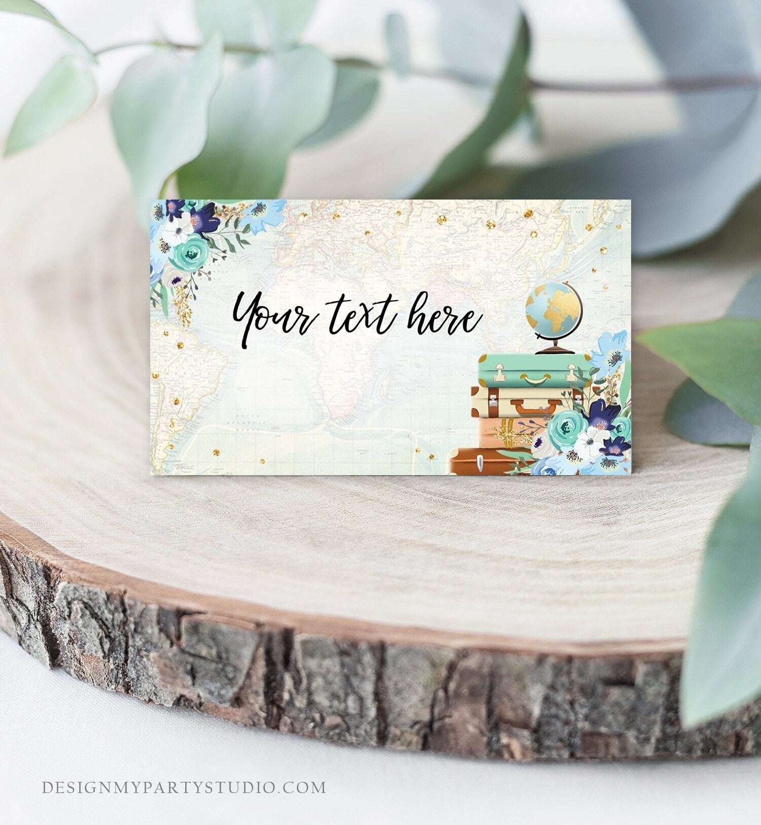 Editable Travel Adventure Food Label Place Card Tent Card Escort Bridal Shower Blue Floral Gold Digital Download Template Printable 0030