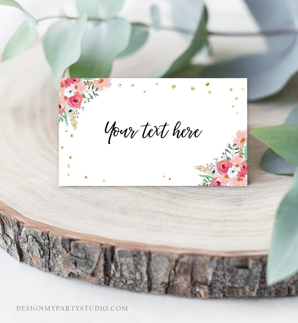Editable Floral Food Labels Place Card Tent Card Insert Card Bridal Shower Pink Flowers Gold Confetti Digital Template Printable 0030 0318
