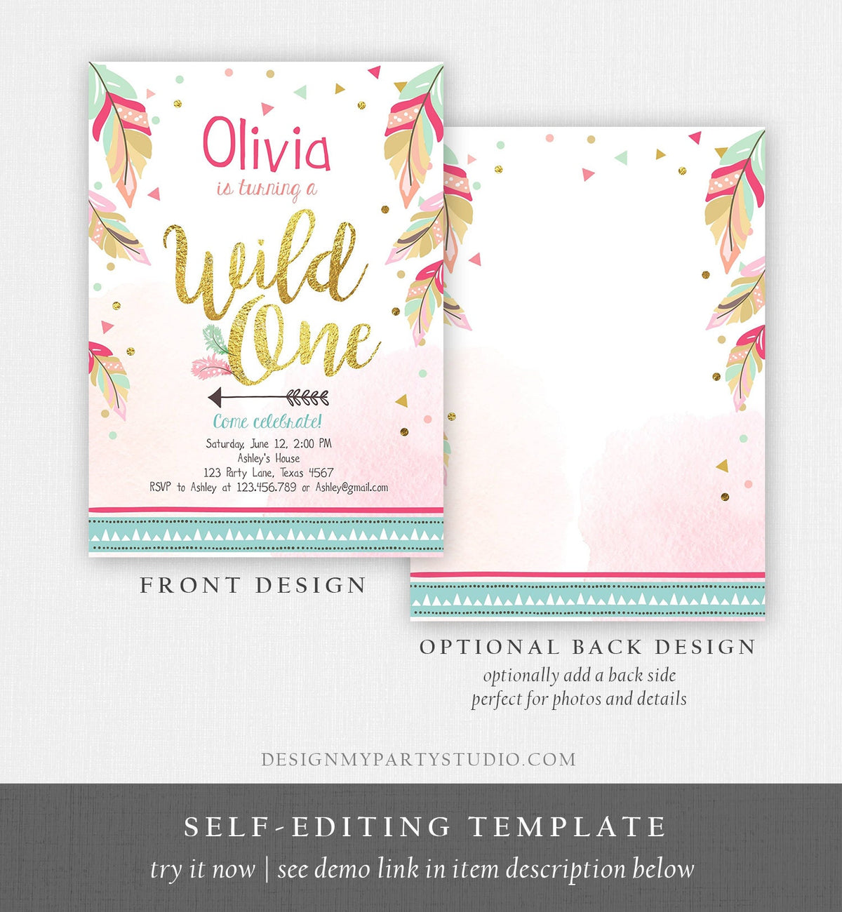 Editable Wild One Invitation Tribal Feathers Girl Pink Teal Gold First Birthday 1st Boho Digital Download Corjl Template Printable 0038