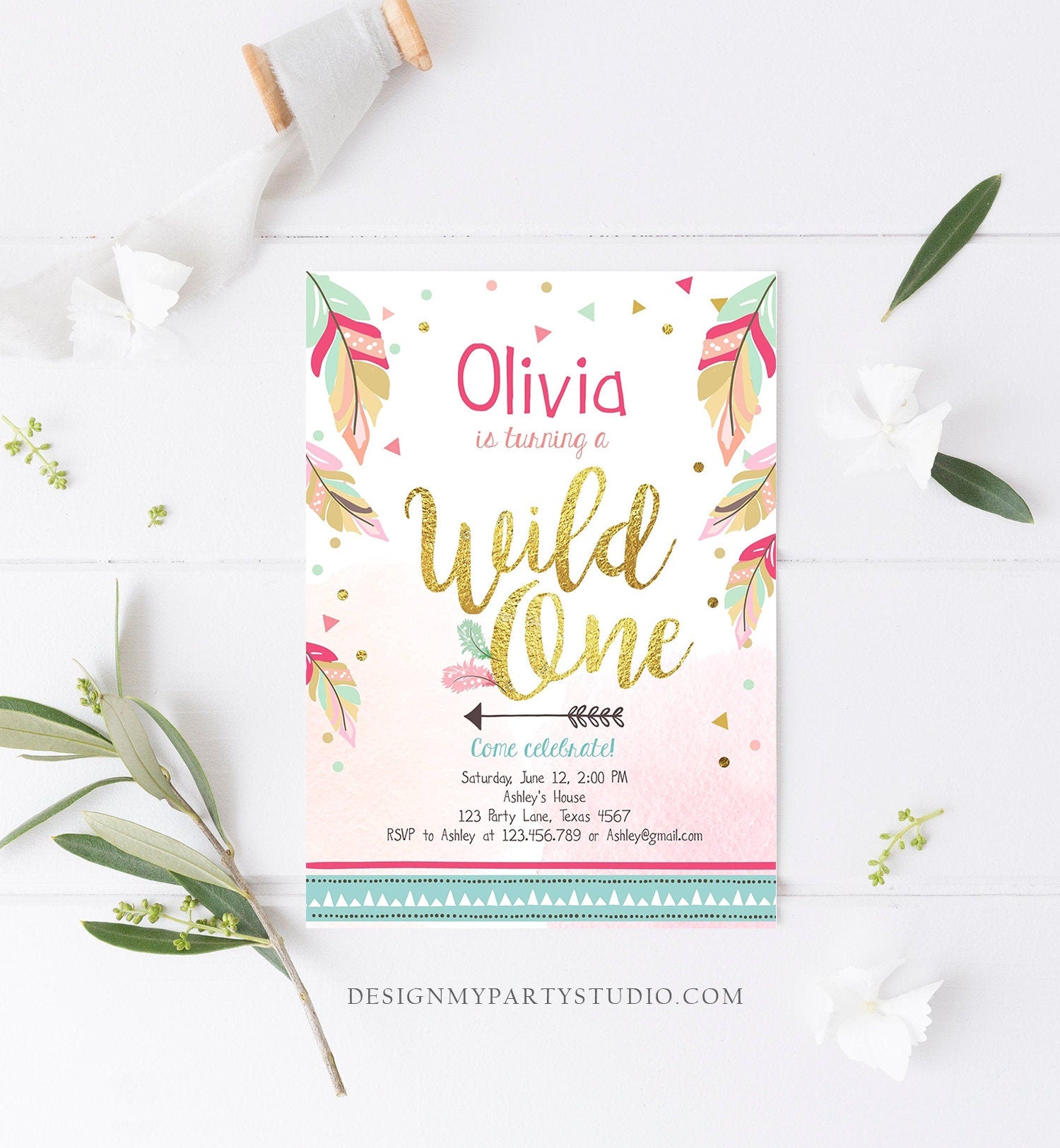 Editable Wild One Invitation Tribal Feathers Girl Pink Teal Gold First Birthday 1st Boho Digital Download Corjl Template Printable 0038
