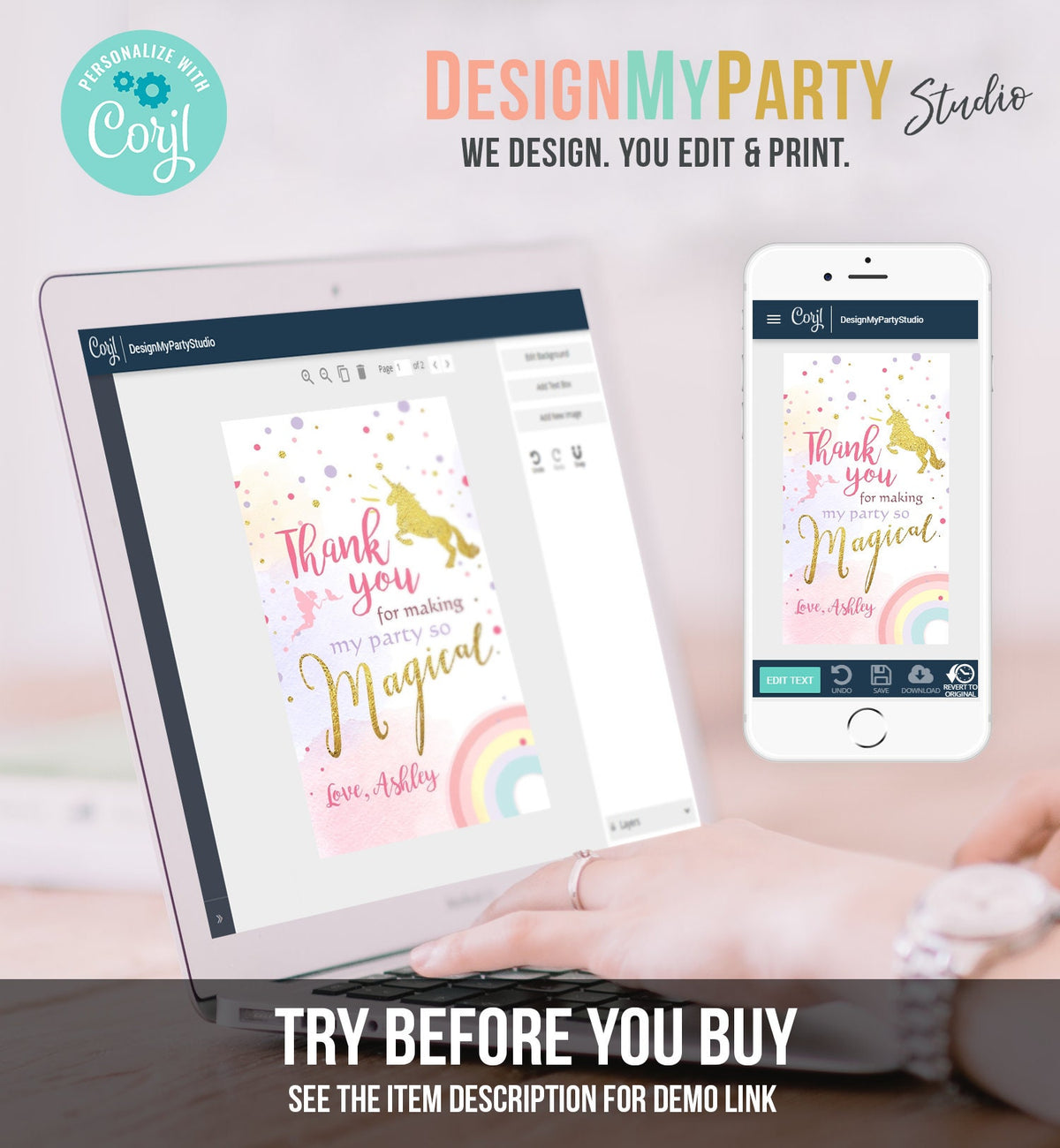 Editable Unicorn Favor Tags Magical Unicorn Birthday Thank you tags Label Rainbow Unicorn Gift tags Pink gold Template PRINTABLE Corjl 0041