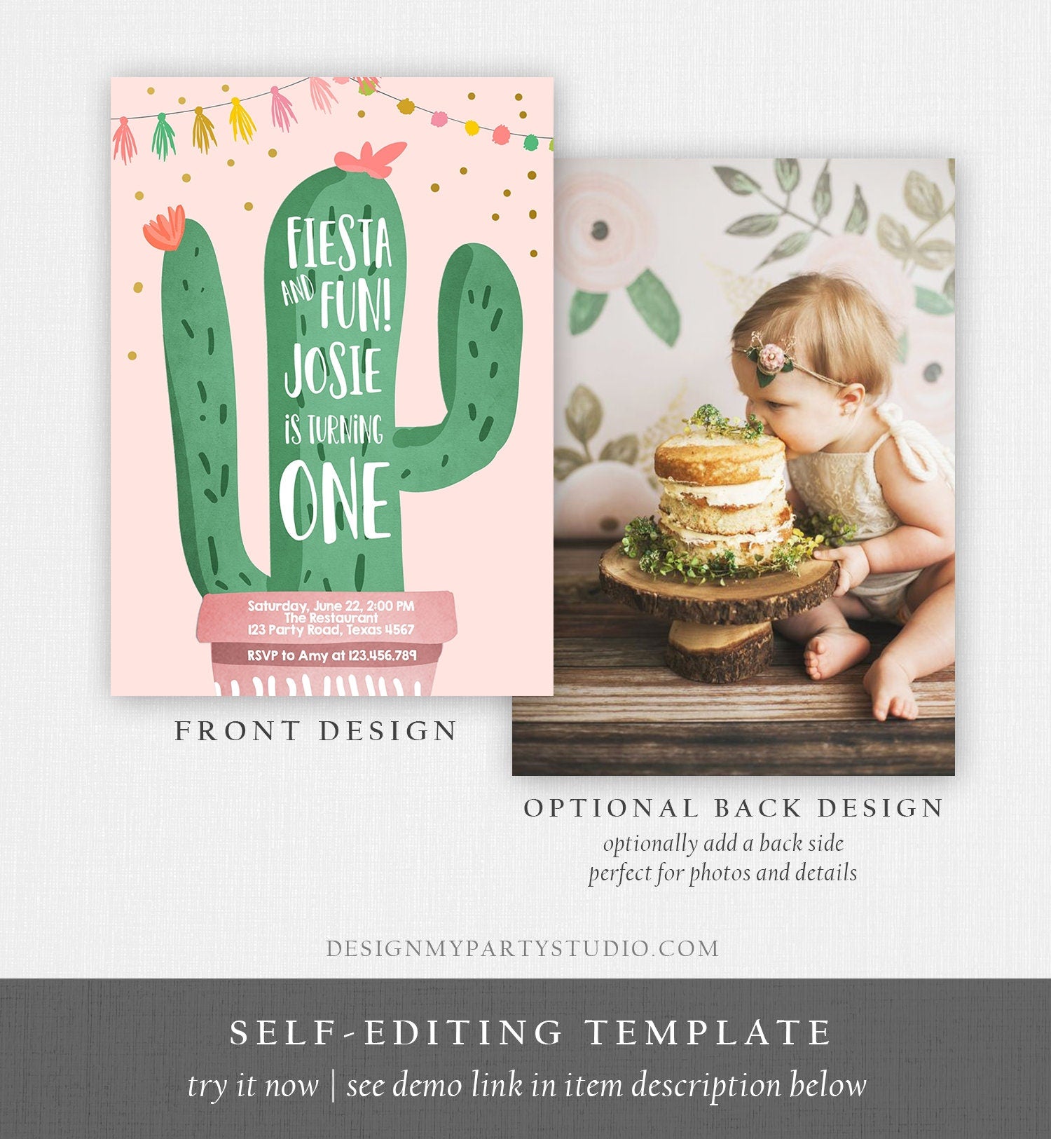 Editable Cactus Fiesta Birthday Invitation Girl Pink First Birthday Succulent 1st Mexican Fiesta Fun Evite Download Template Printable 0255