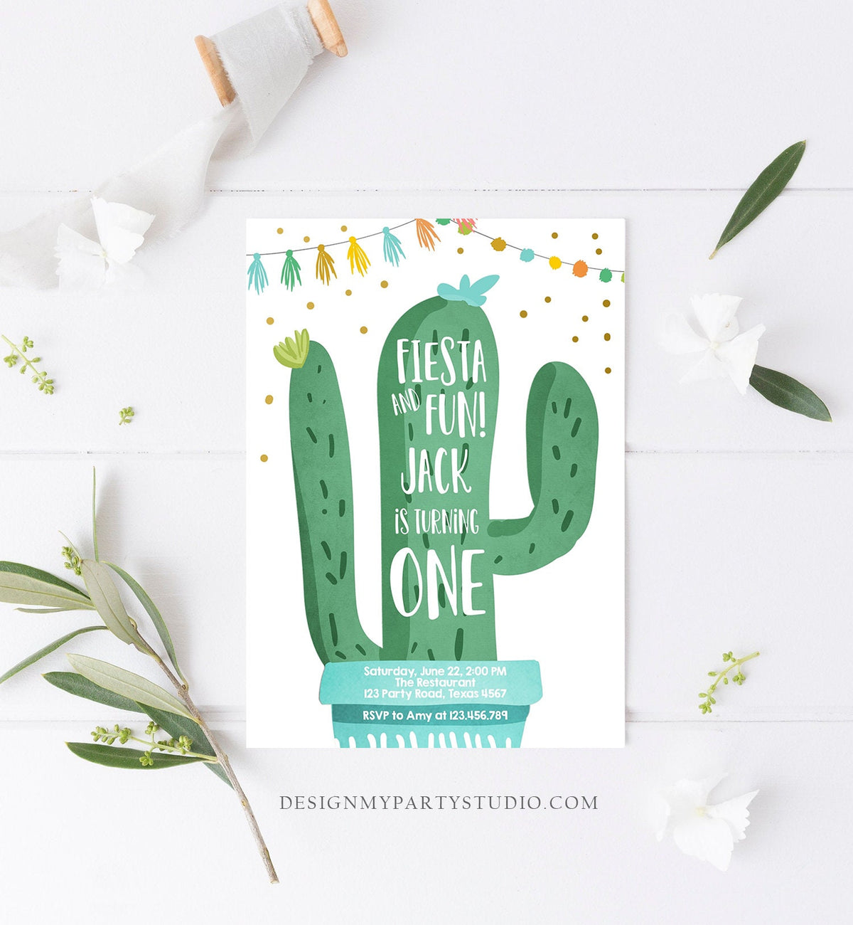 Editable Fiesta and Fun Birthday Invitation Boy Blue First Birthday Cactus Succulent 1st Mexican Digital Download Template Printable 0255