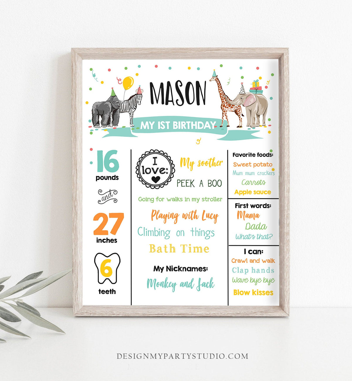 Editable Party Animals Birthday Milestones Boy Blue Sign Wild One Animals Zoo Safari First Birthday 1st Corjl Template Printable 0142