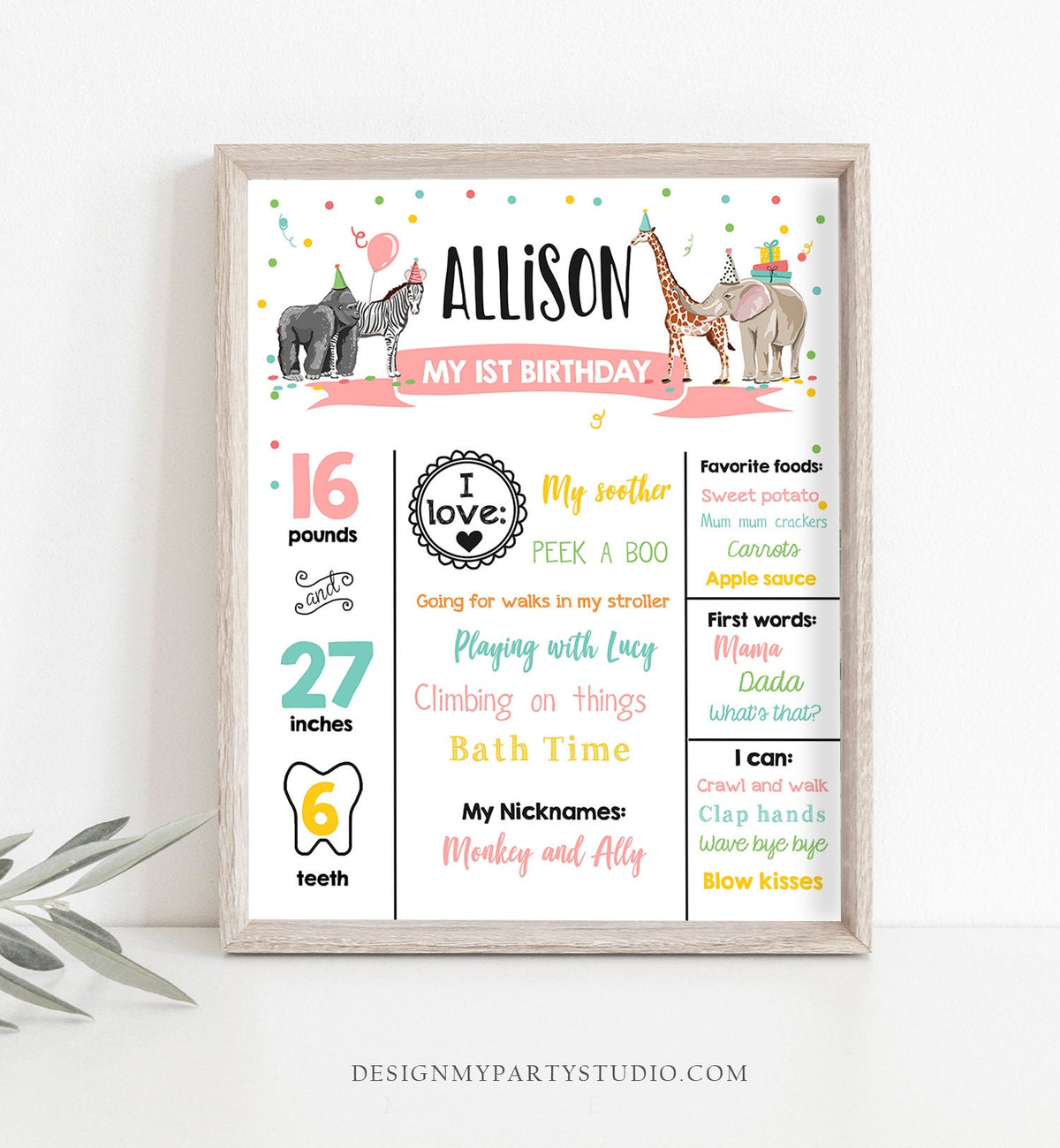 Editable Party Animals Birthday Milestone Girl Pink Sign Wild One Animals Zoo Safari First Birthday 1st Digital Template Printable 0142
