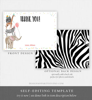 Editable Party Animals Thank You Card Note Wild One Safari Animals Girl Confetti Balloon Jungle Zoo Download Printable Corjl Template 0142