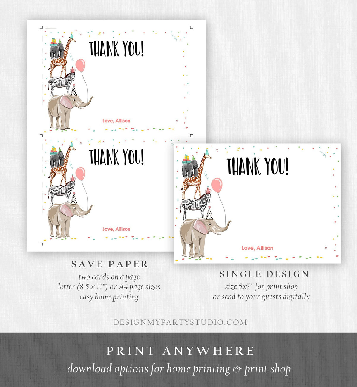 Editable Party Animals Thank You Card Note Wild One Safari Animals Girl Confetti Balloon Jungle Zoo Digital Download Template Printable 0142