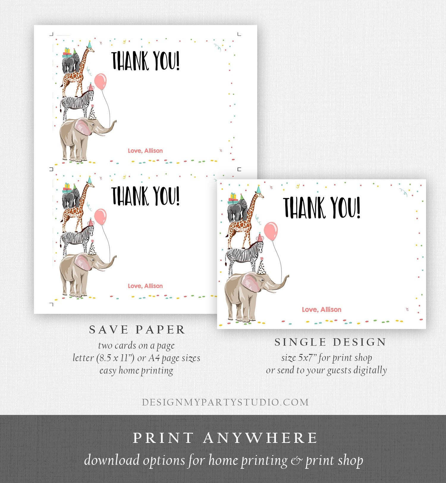 Editable Party Animals Thank You Card Note Wild One Safari Animals Girl Confetti Balloon Jungle Zoo Digital Download Template Printable 0142