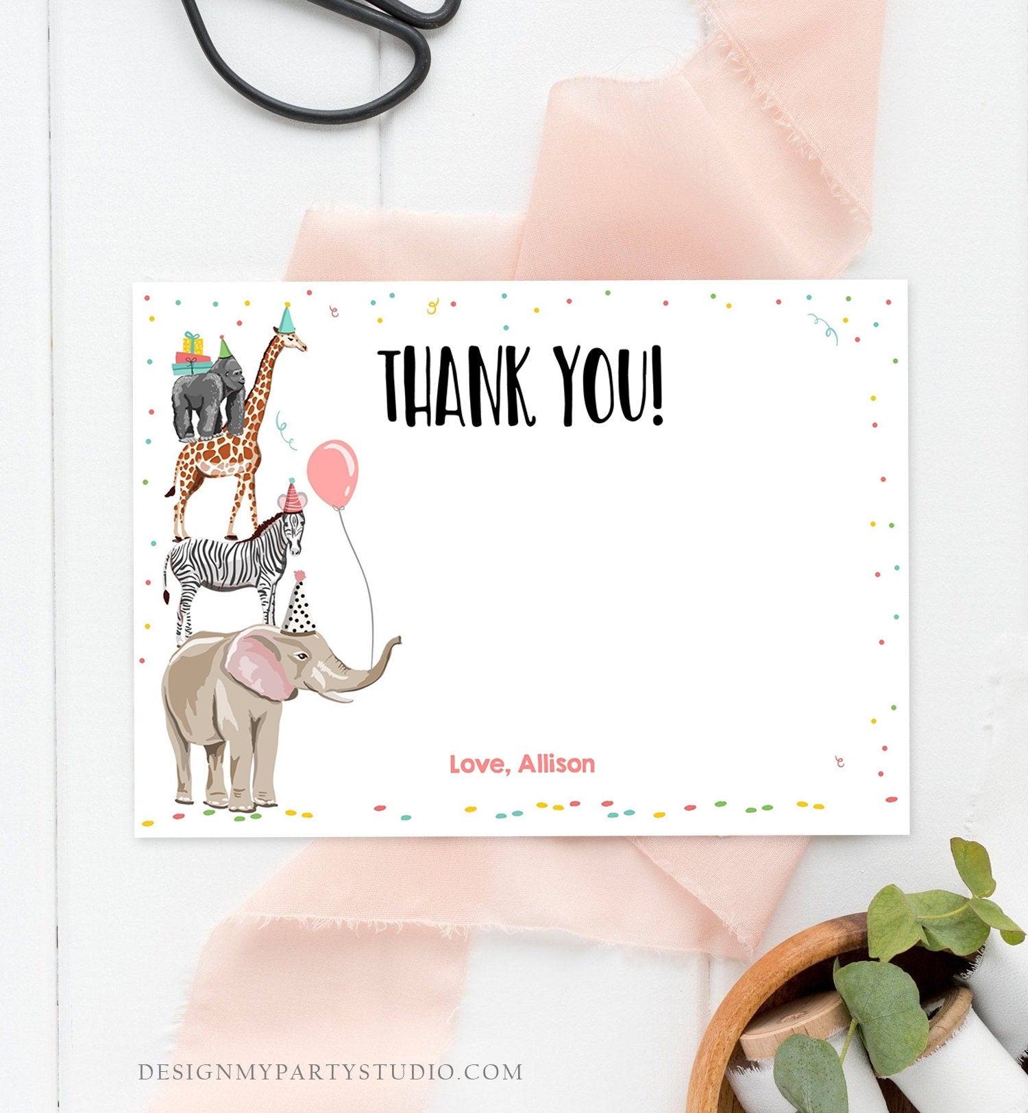 Editable Party Animals Thank You Card Note Wild One Safari Animals Girl Confetti Balloon Jungle Zoo Digital Download Template Printable 0142