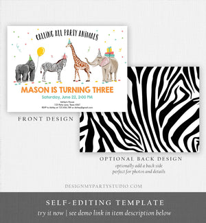 Editable Party Animals Birthday Invitation Wild One Animals Invitation Zoo Safari Animals Boy Download Printable Invite Template Corjl 0142