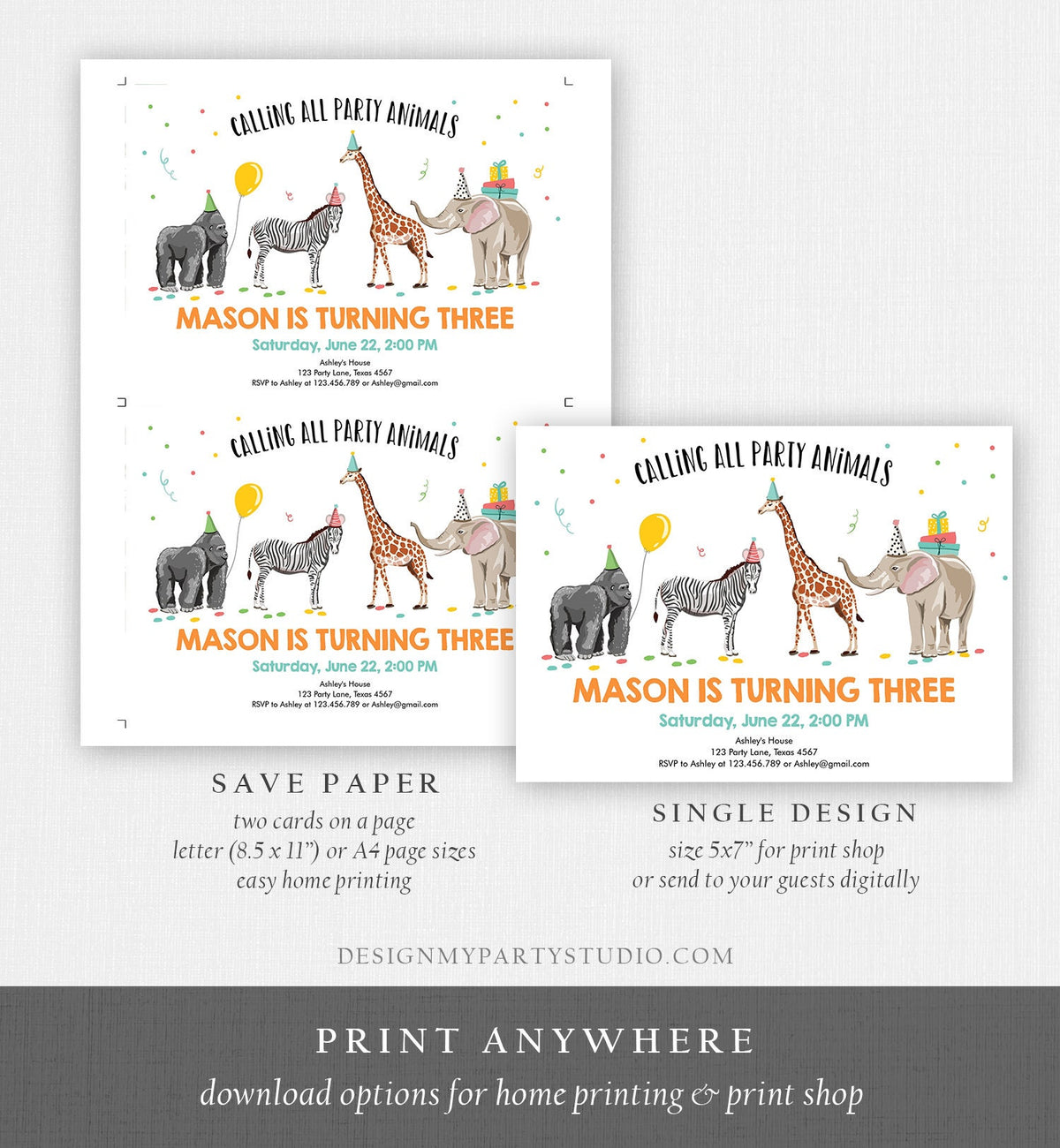 Editable Party Animals Birthday Invitation Wild One Animals Invite Zoo Safari Animals Boy Digital Download Printable Template Evite 0142