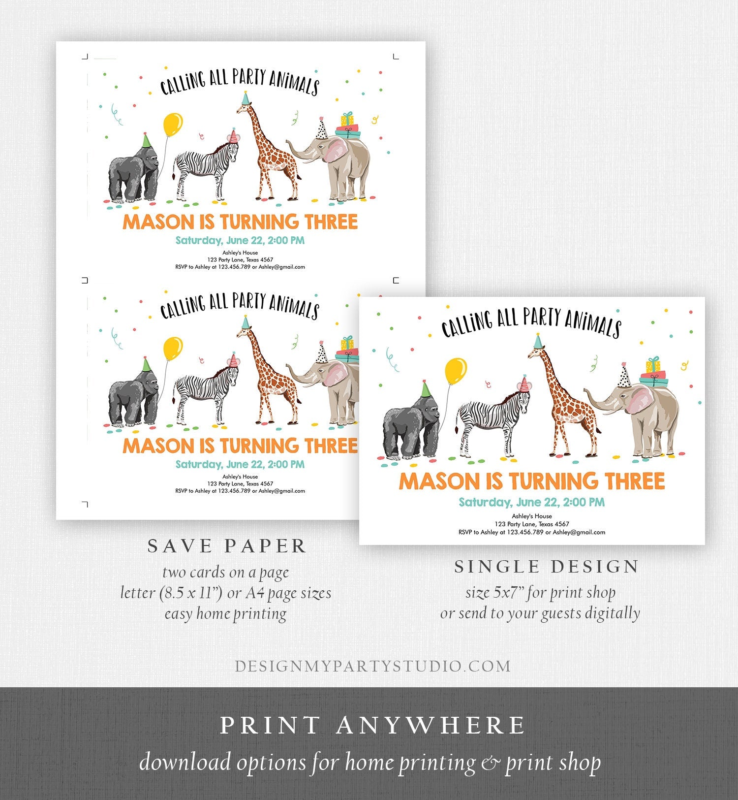 Editable Party Animals Birthday Invitation Wild One Animals Invite Zoo Safari Animals Boy Digital Download Printable Template Evite 0142