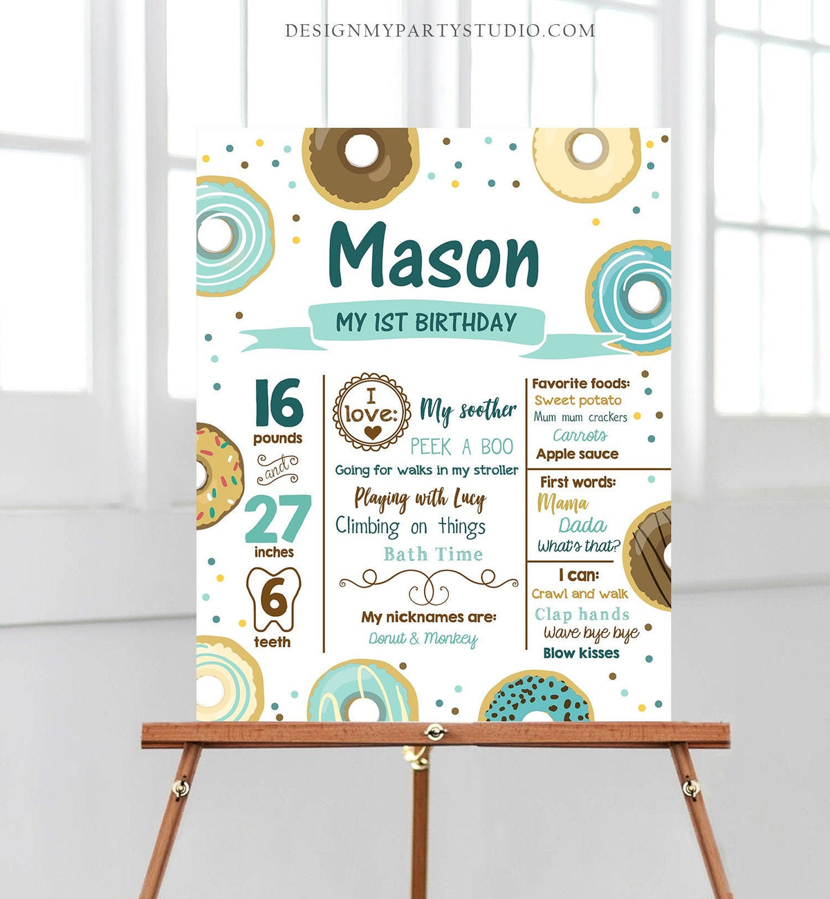 Editable Donut Birthday Milestones Sign Donut Birthday First Birthday 1st Birthday Boy Blue Instant Download Template Printable Corjl 0050
