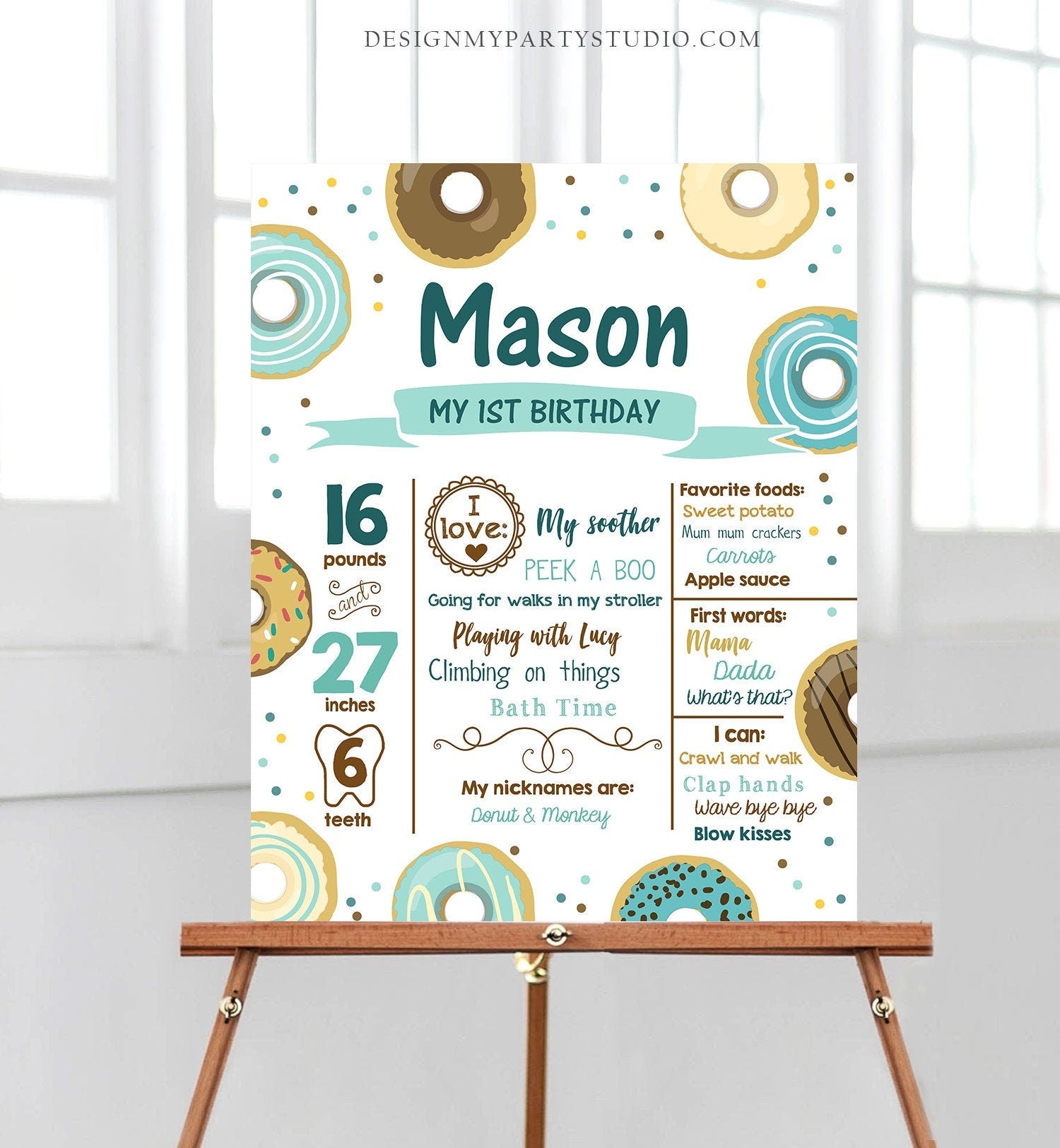 Editable Donut Birthday Milestones Sign Donut Birthday First Birthday 1st Birthday Boy Blue Instant Download Template Printable Corjl 0050