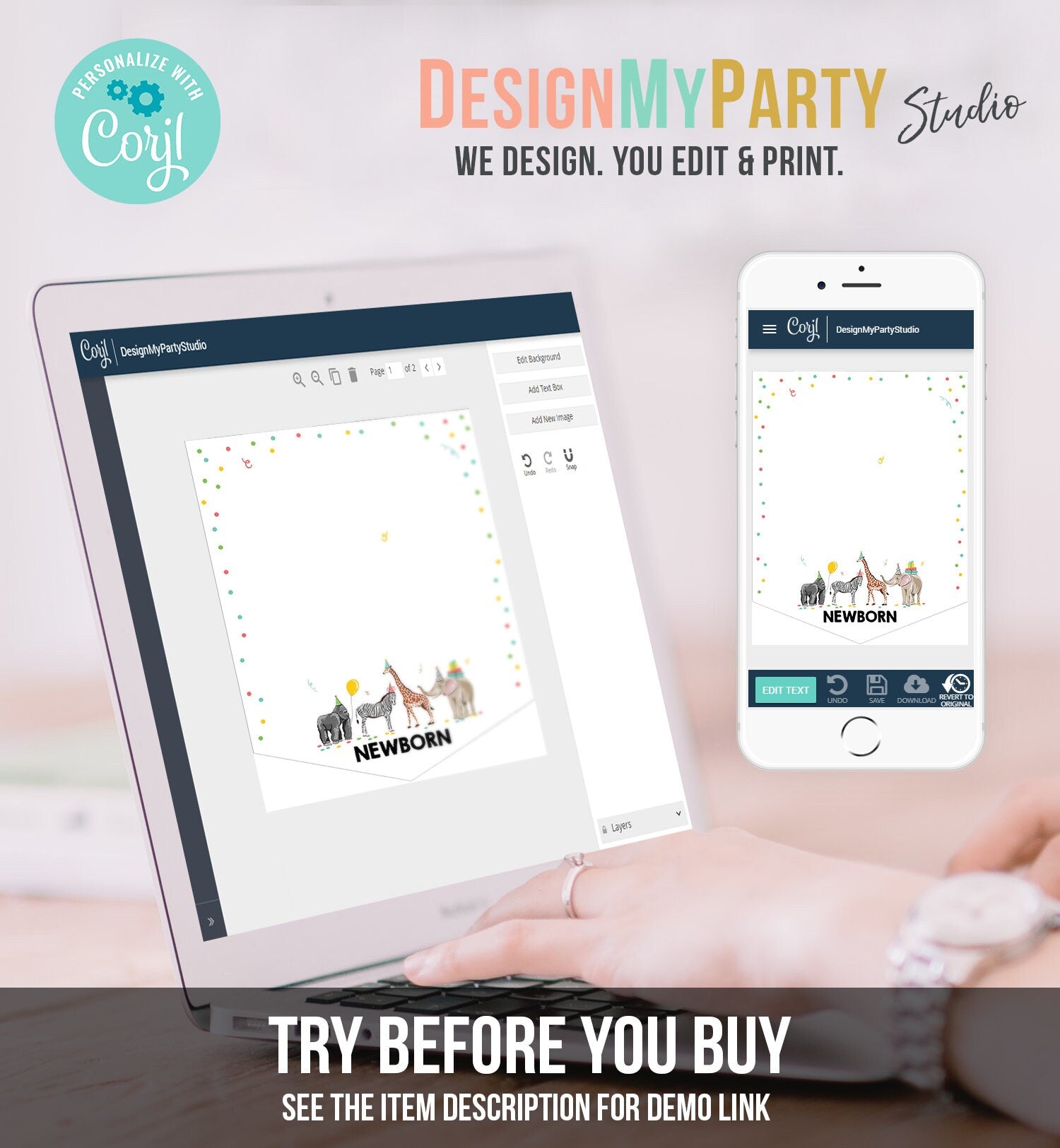 Editable Monthly Photo Banner First Birthday Banner Party Safari Animals Banner Party Animals Decor Confetti Corjl Template Printable 0142