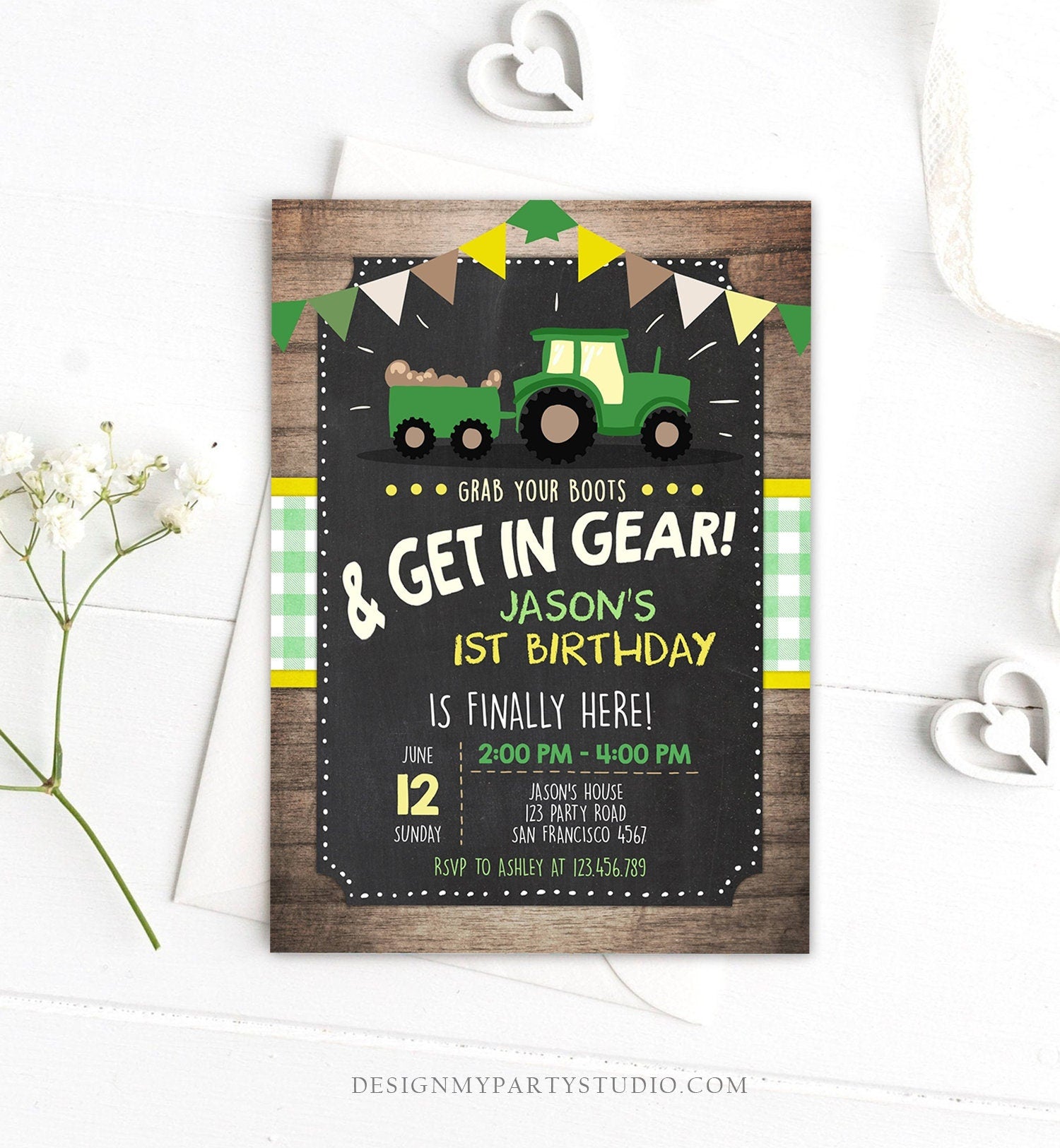 Editable Tractor Birthday Invitation Farm Birthday Barnyard Green Yellow Birthday Boy Download Printable Invitation Template Corjl 0095