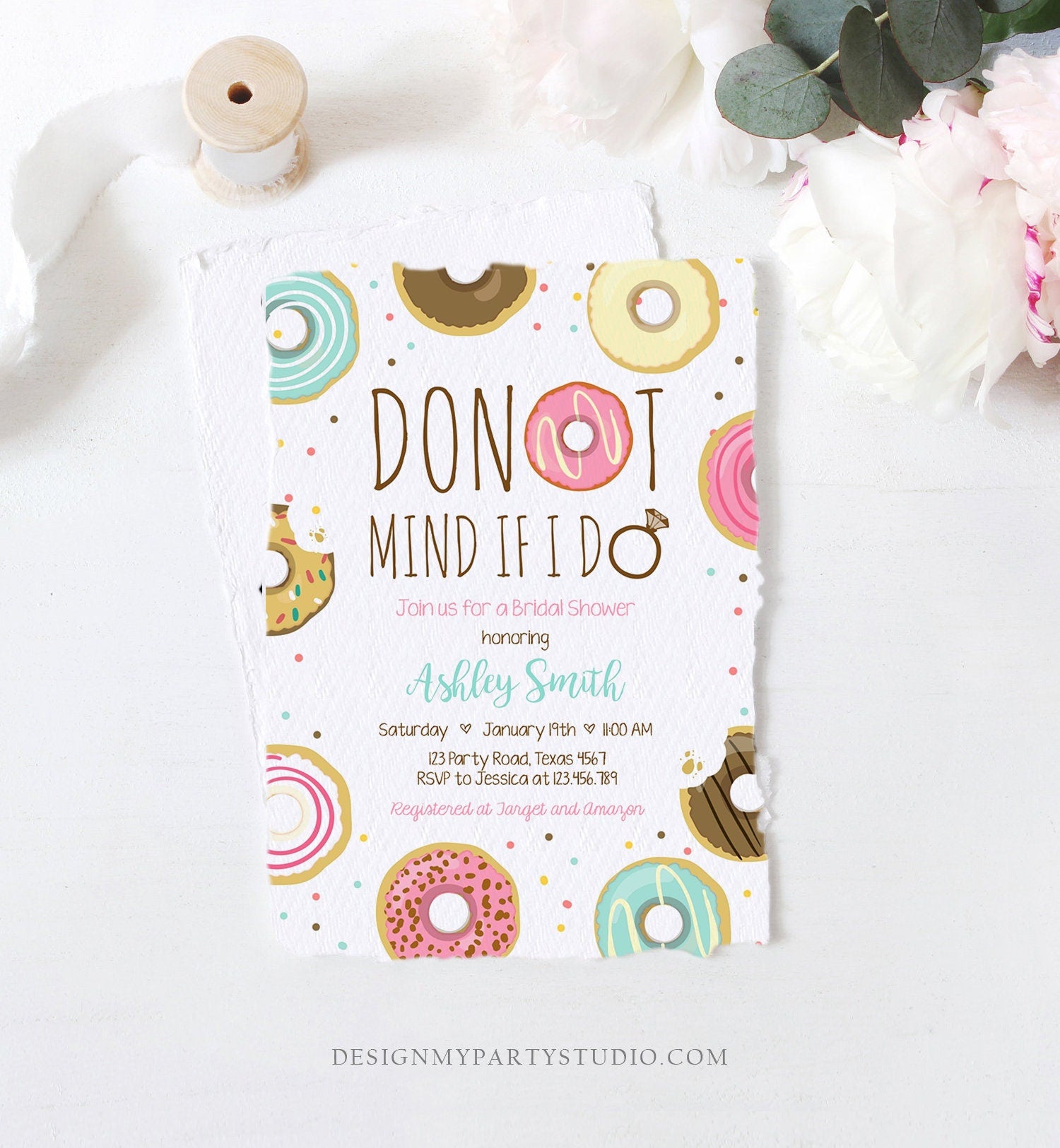 Editable Donut Mind If I Do Bridal Shower Invitation Sweet Pink Teal Ring Doughnut Donut and Diamonds Coed Joined Shower Corjl Template 0050