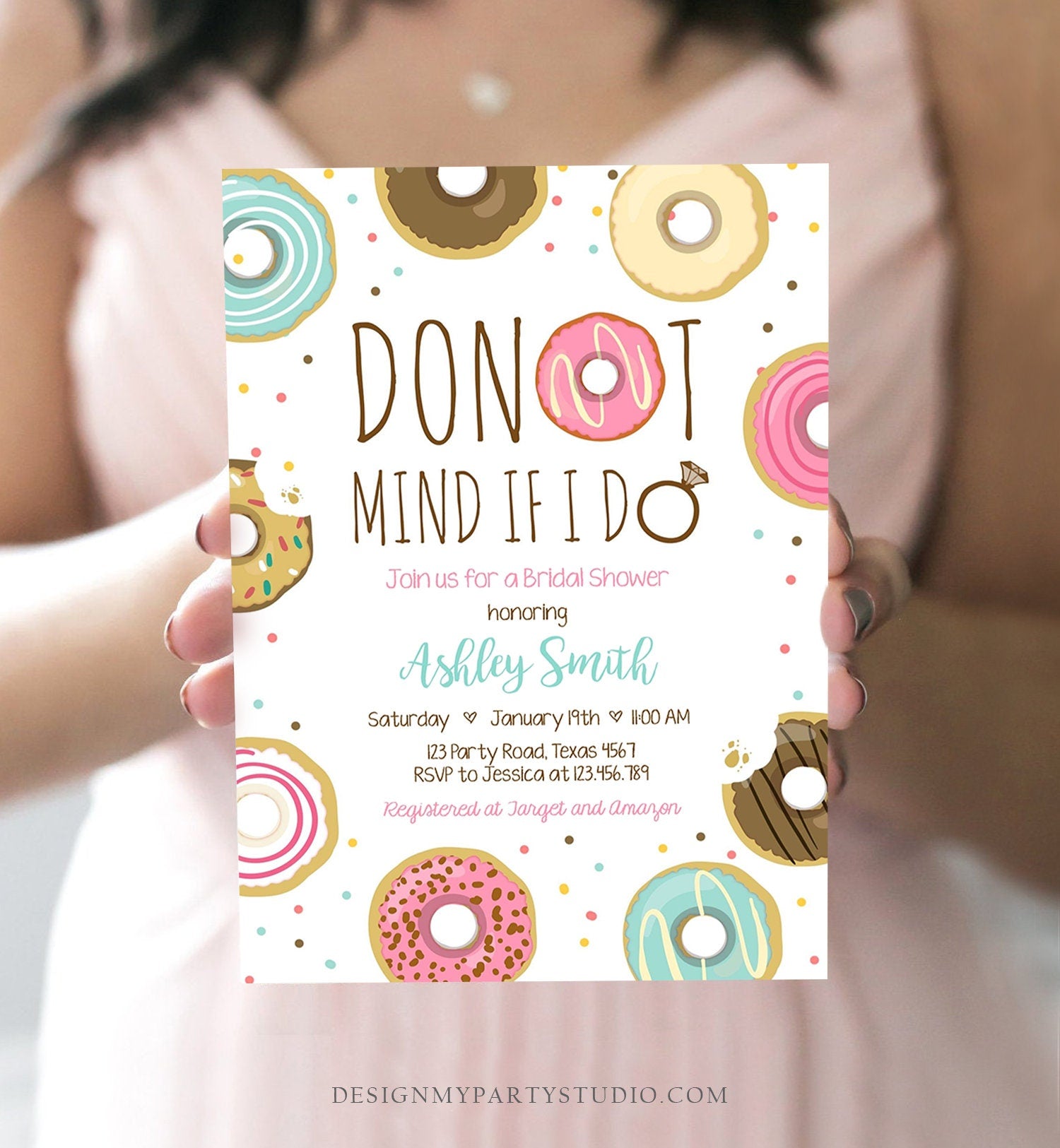 Editable Donut Mind If I Do Bridal Shower Invitation Sweet Pink Teal Ring Doughnut Donut and Diamonds Coed Joined Shower Corjl Template 0050