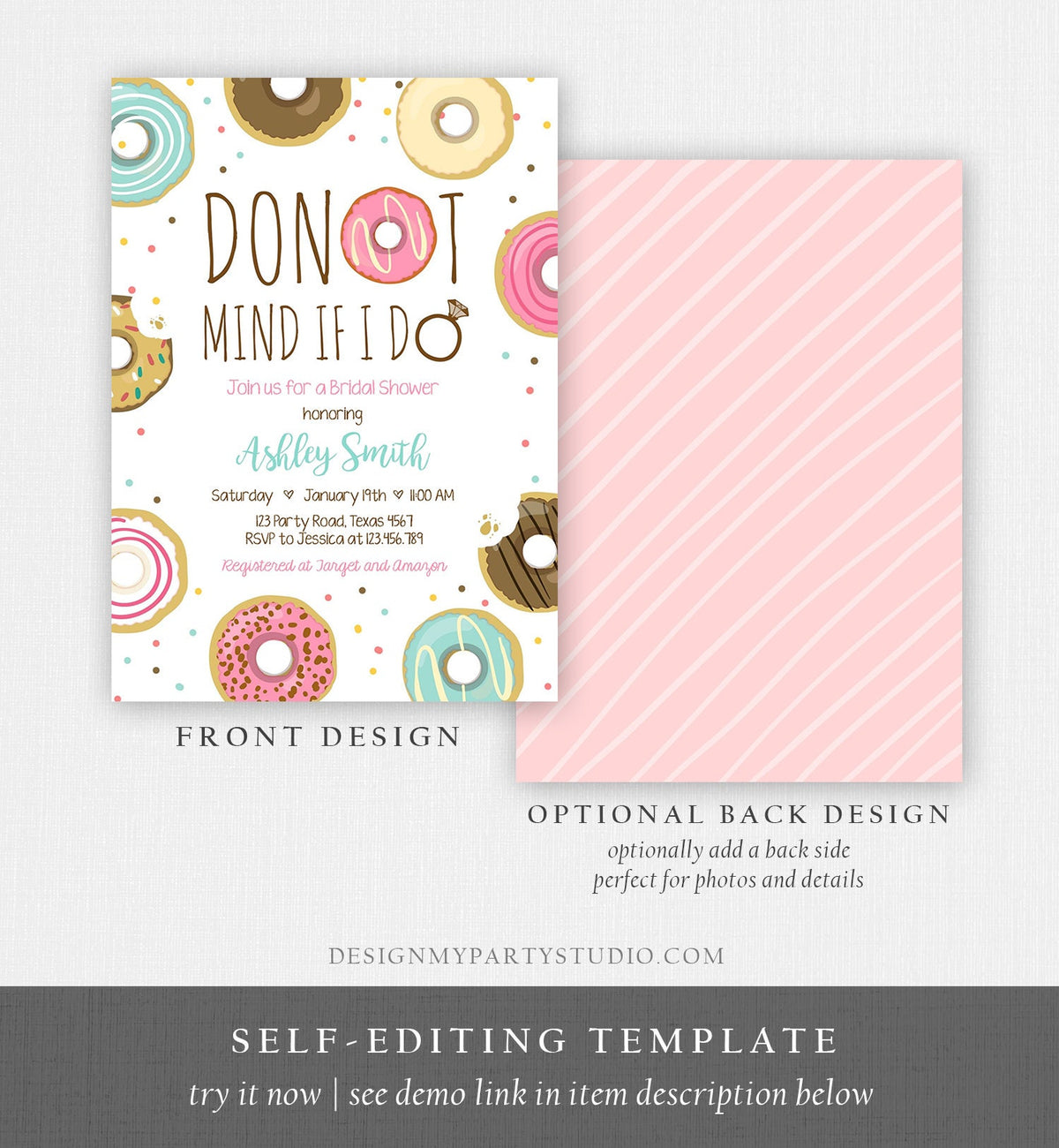 Editable Donut Mind If I Do Bridal Shower Invitation Sweet Pink Teal Ring Doughnut Donut and Diamonds Coed Joined Shower Corjl Template 0050