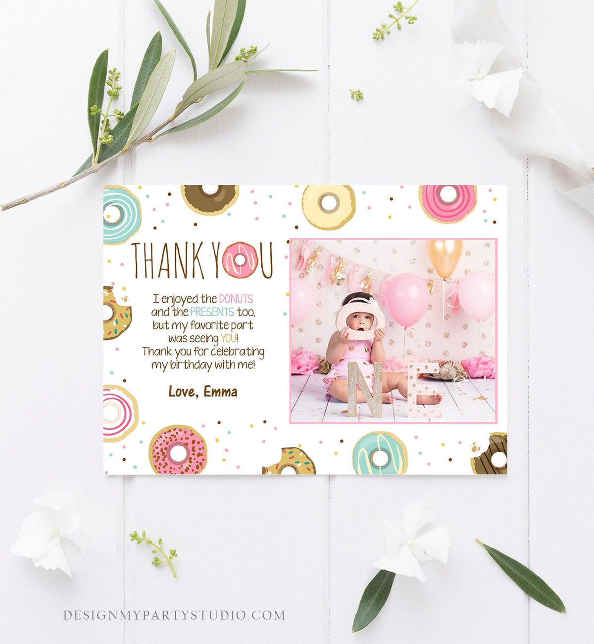Editable Donut Thank You Card Note Pink Girl Birthday Party Doughnut Thank You Photo Sweet First 1st Digital Template Printable 0050