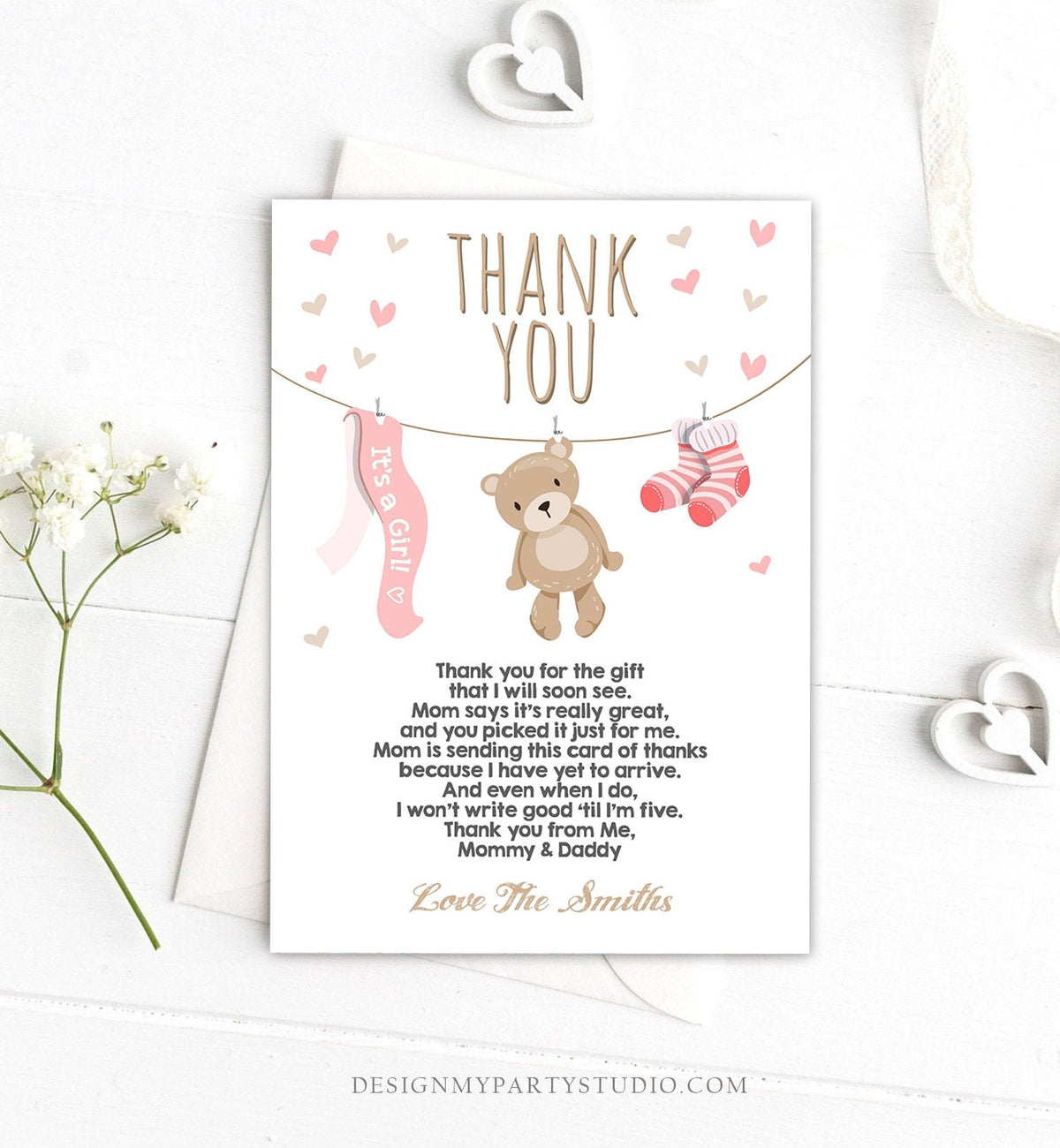 Editable Baby Shower Thank You Card Teddy Bear Thank You Note Shower Pink Girl Woodland Animals Template Instant Download Digital Corjl 0025