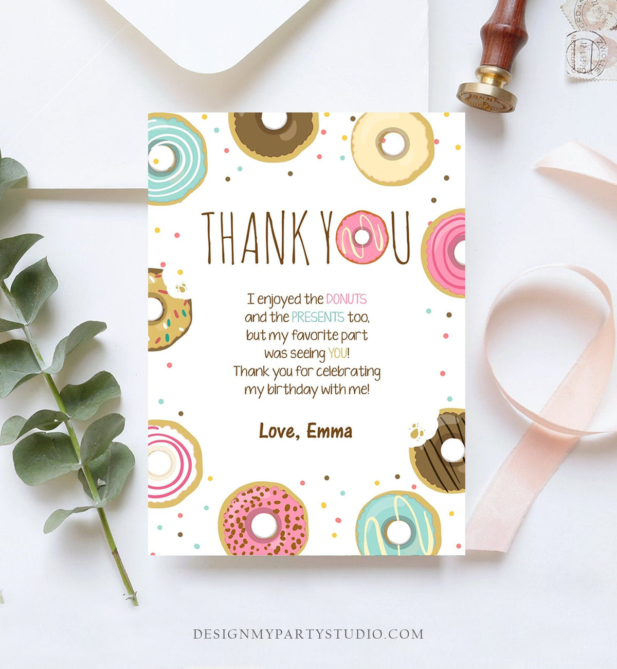 Editable Donut Thank You Card Note Pink Girl Birthday Party Doughnut Thank You Photo Sweet First Birthday 1st Corjl Template Printable 0050