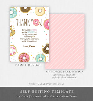 Editable Donut Thank You Card Note Pink Girl Birthday Party Doughnut Thank You Photo Sweet First Birthday 1st Corjl Template Printable 0050