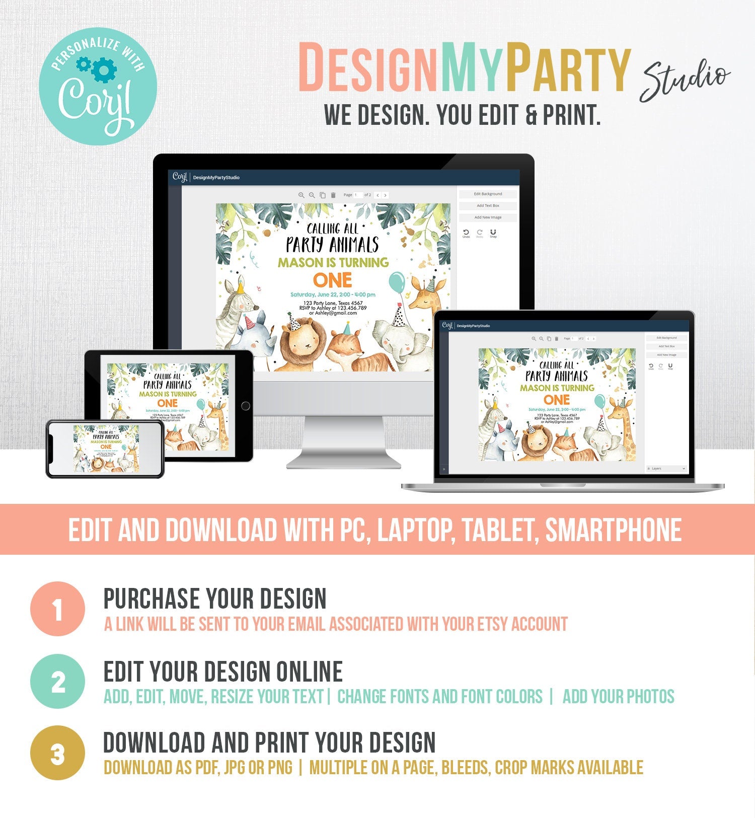 Editable Party Animals Birthday Invitation Wild One Animals Invitation Zoo Safari Animals Boy Digital Download Evite Template Printable 0163