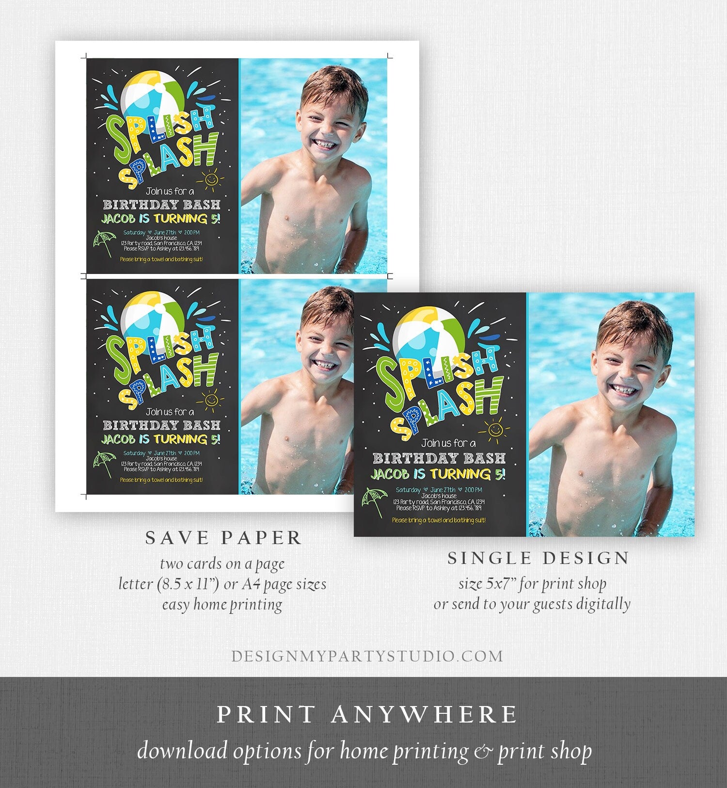 Editable Splish Splash Birthday Invitation Pool Party Boy Beach Ball Blue Green Birthday Bash Download Printable Invite Template Corjl 0169