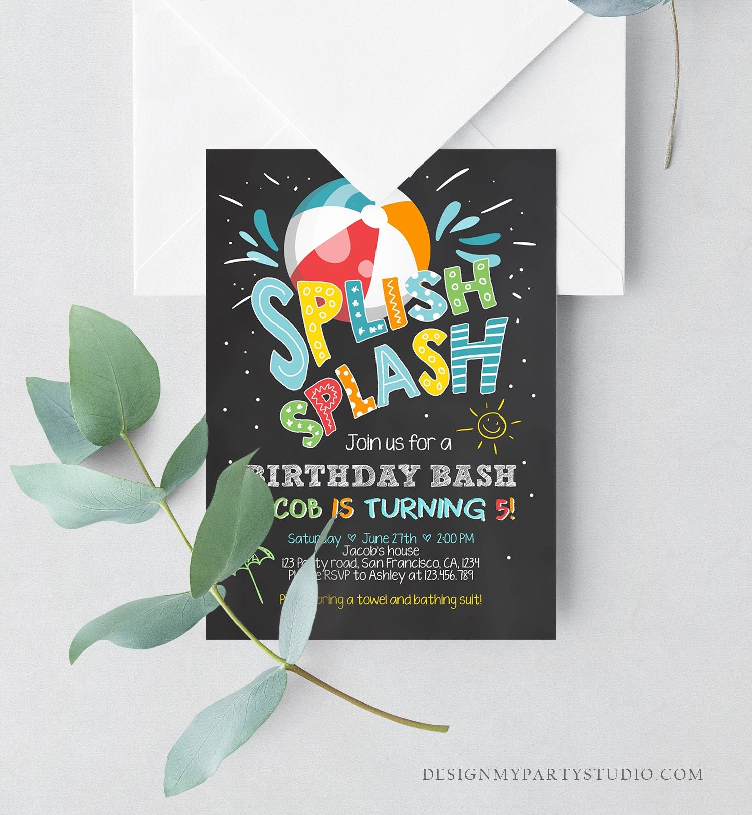 Editable Splish Splash Birthday Invitation Pool Party Boy Beach Ball Blue Birthday Bash Download Evite Template Corjl Printable 0169