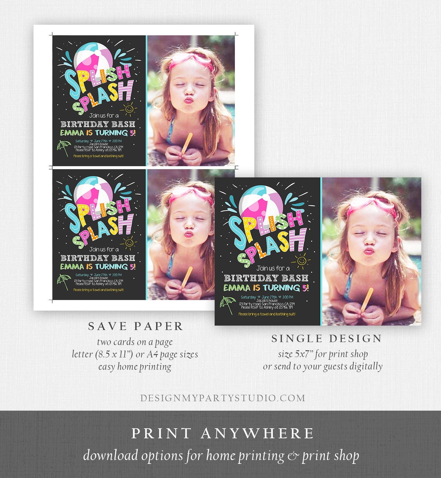 Editable Splish Splash Birthday Invitation Pool Party Beach Ball Pink Girl Birthday Bash Digital Download Template Printable Evite 0169