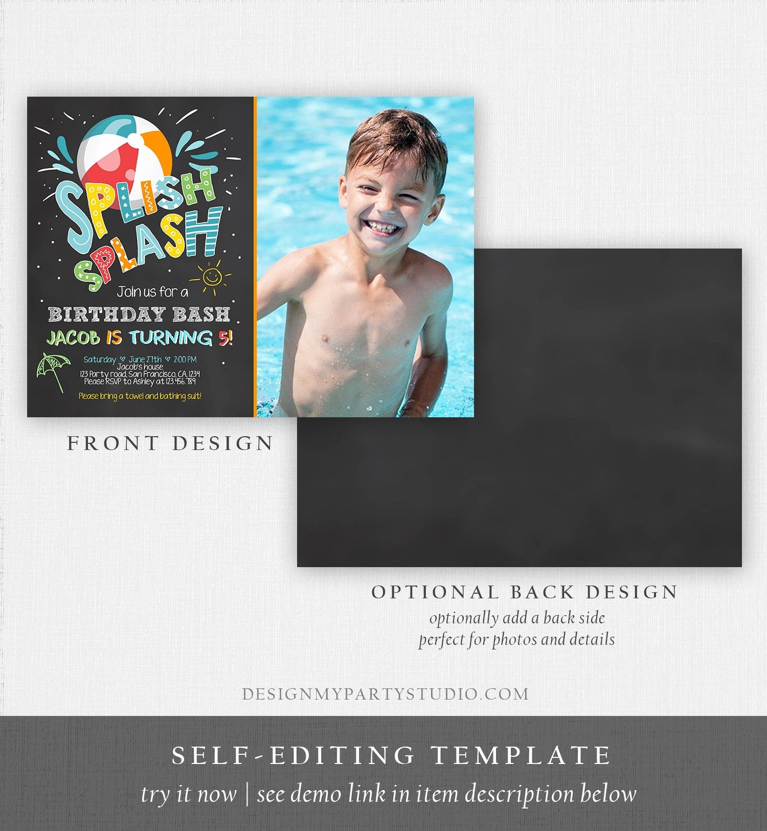 Editable Splish Splash Birthday Invitation Pool Party Boy Beach Ball Summer Blue Bash Digital Download Evite Template Printable 0169