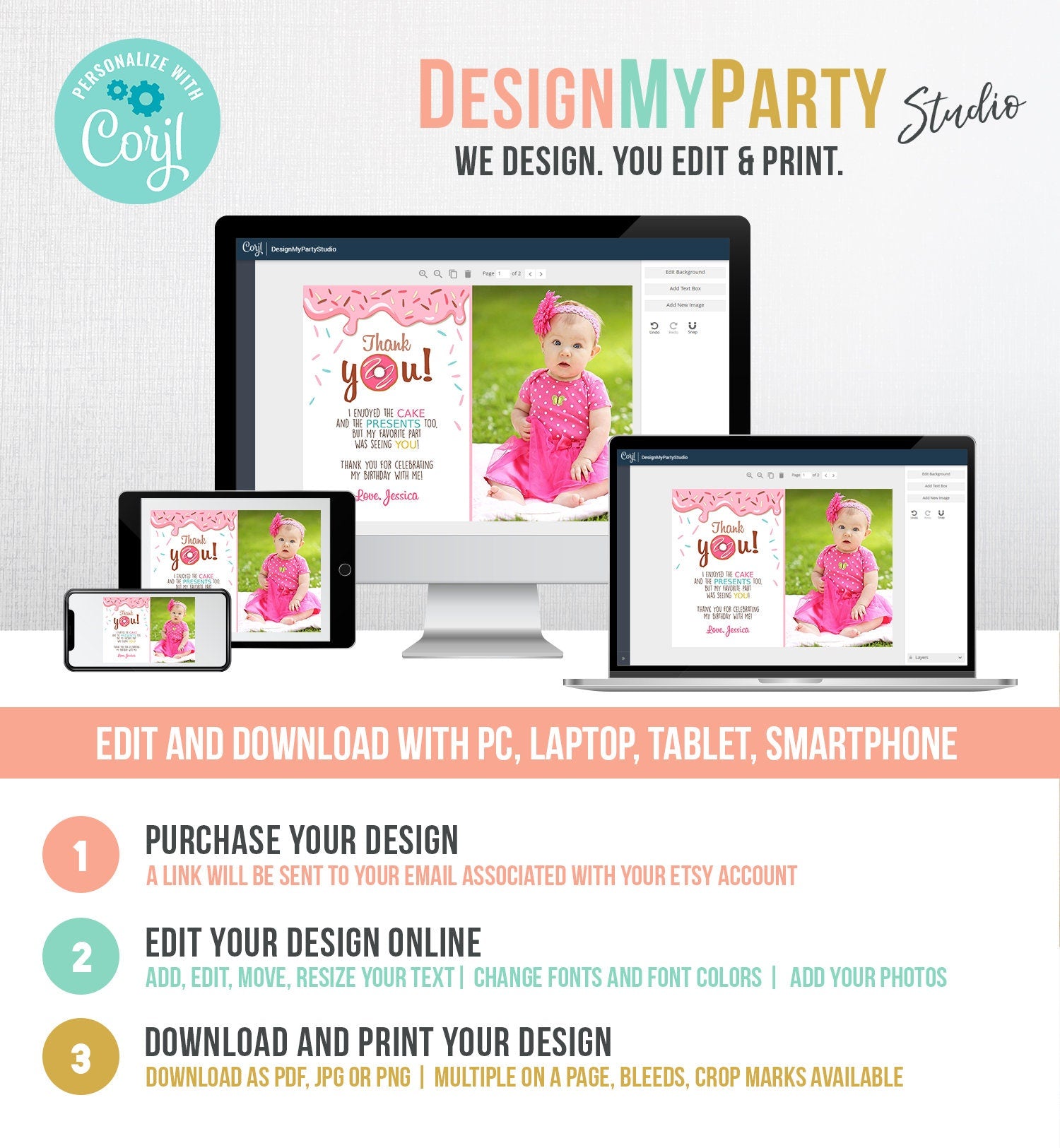 Editable Donut Thank You Card Note Pink Girl Birthday Party Doughnut Thank You Photo Sweet First Birthday 1st Corjl Template Printable 0050