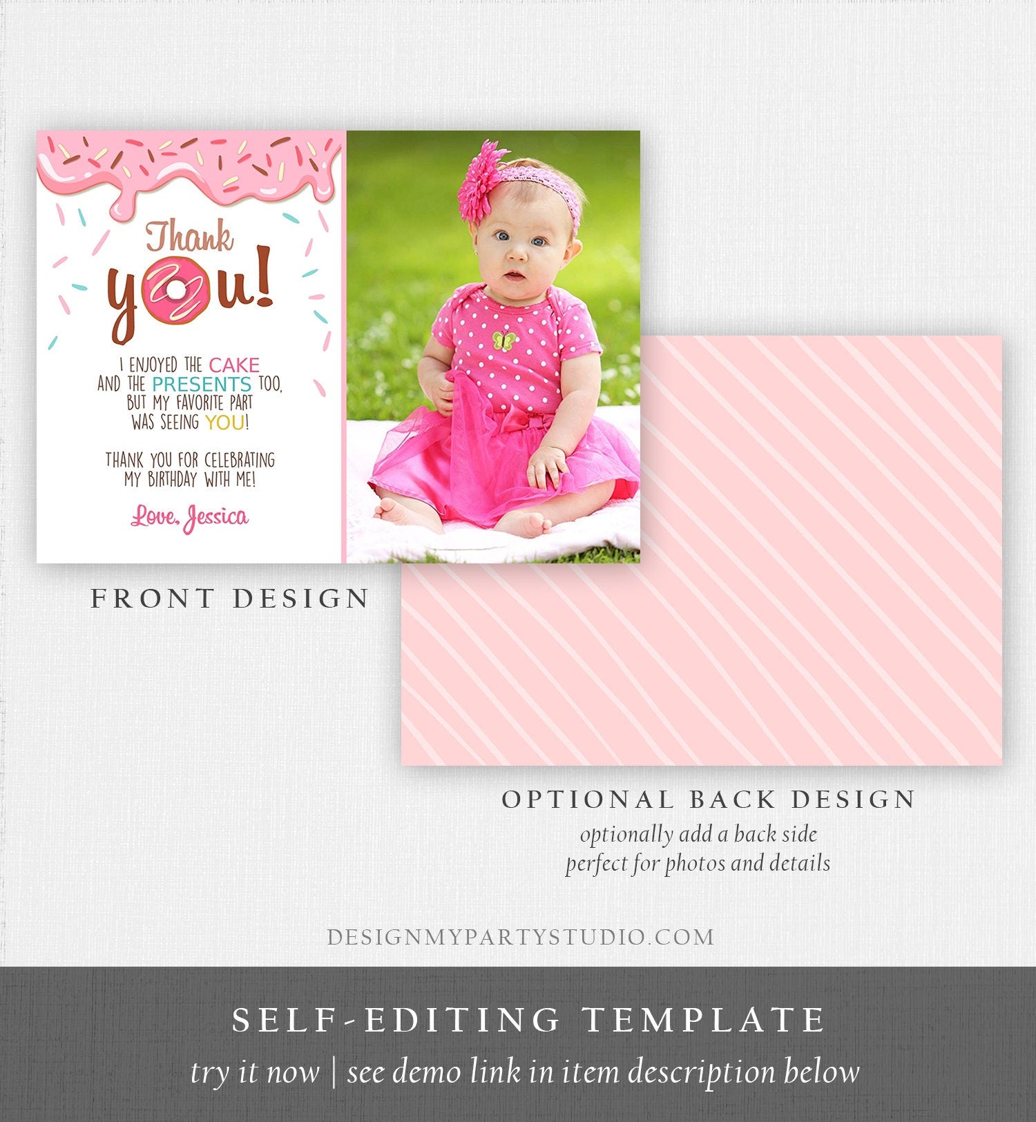 Editable Donut Thank You Card Note Pink Girl Birthday Party Doughnut Thank You Photo Sweet First Birthday 1st Corjl Template Printable 0050