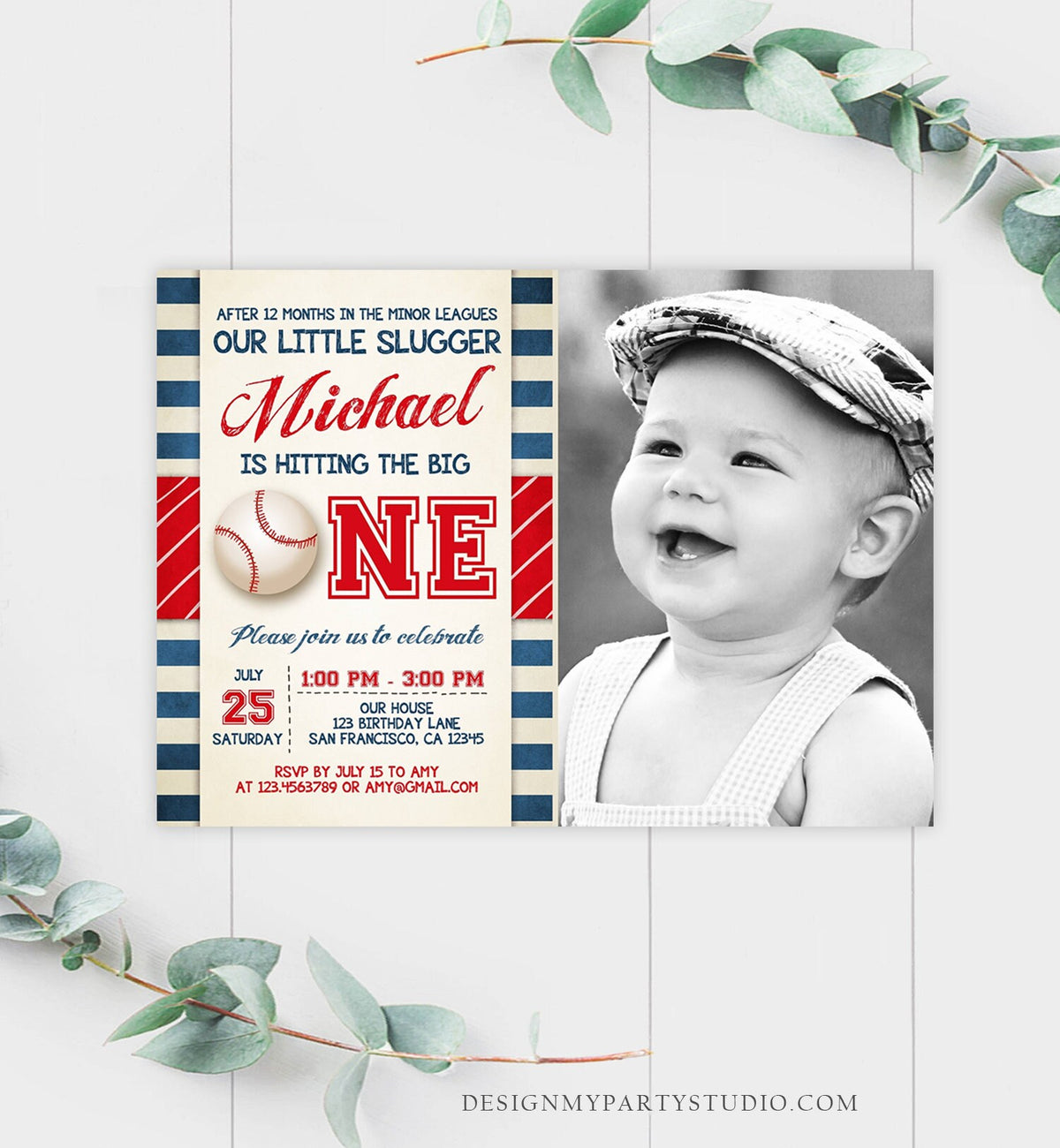 Editable Baseball First Birthday Invitation Boy Little Slugger Rookie of The Year Download Printable Invitation Template Digital Evite 0069