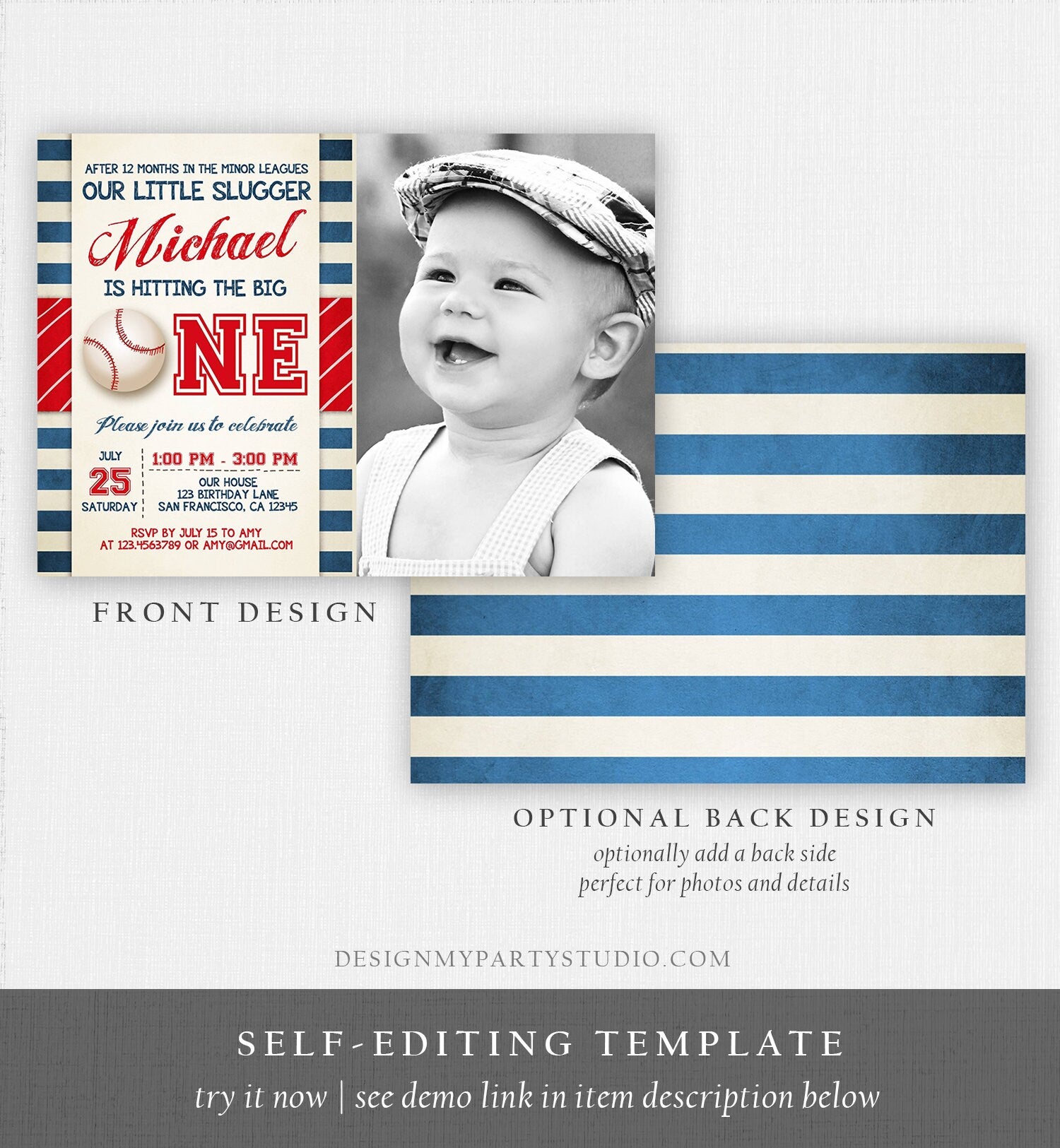 Editable Baseball First Birthday Invitation Boy Little Slugger Rookie of The Year Download Printable Invitation Template Digital Evite 0069