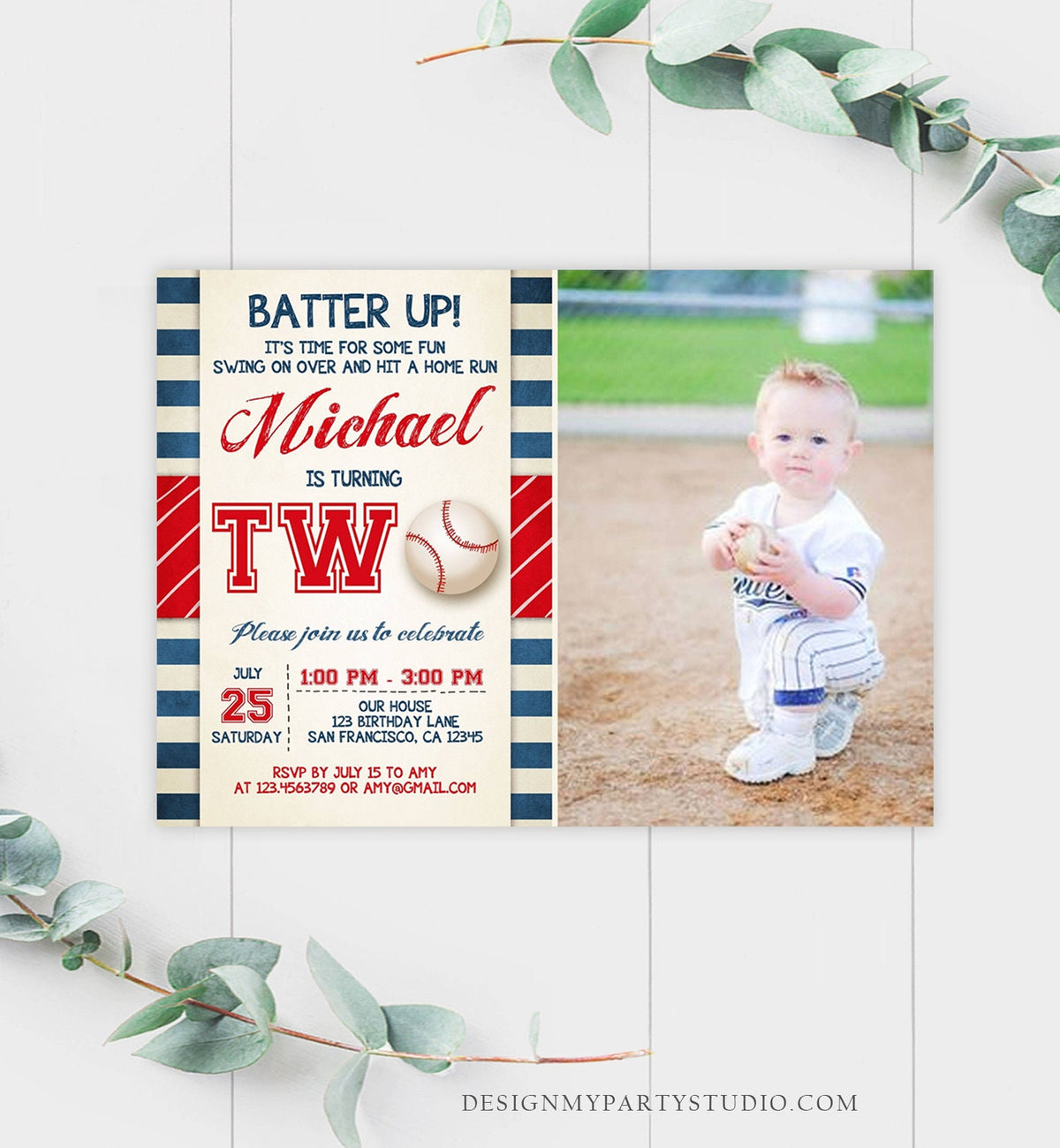 Editable Baseball Second Birthday Invitation Little Slugger Playing Baseball Boy Red Blue Stripes 2nd Printable Corjl Template 0069