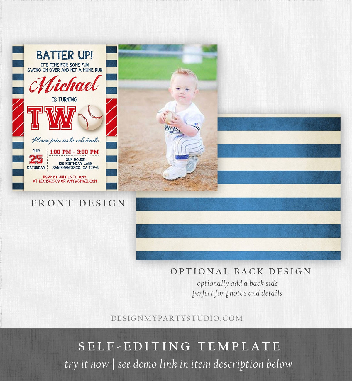 Editable Baseball Second Birthday Invitation Little Slugger Playing Baseball Boy Red Blue Stripes 2nd Printable Corjl Template 0069