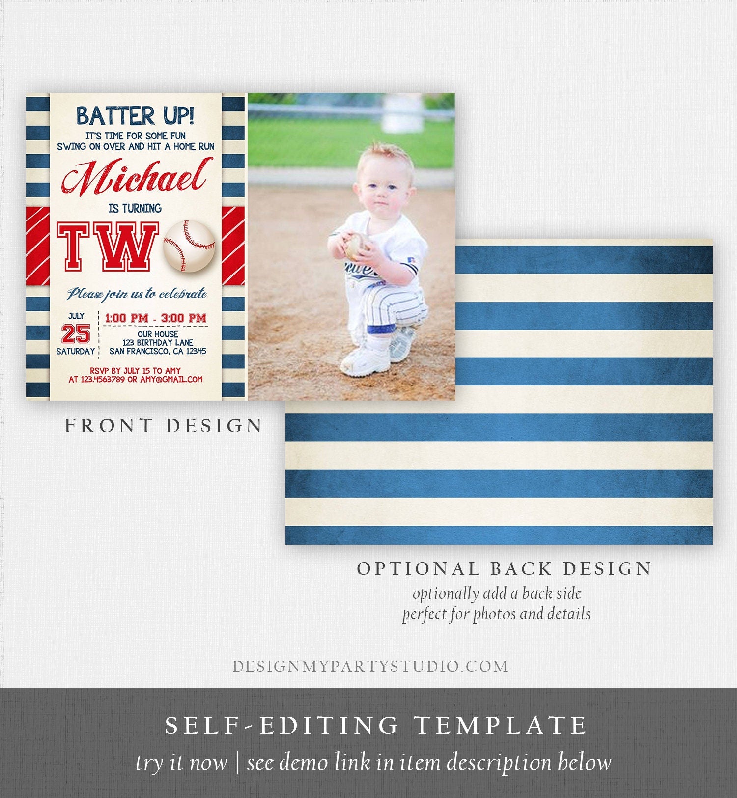 Editable Baseball Second Birthday Invitation Little Slugger Playing Baseball Boy Red Blue Stripes 2nd Printable Corjl Template 0069