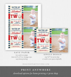 Editable Baseball Second Birthday Invitation Little Slugger Playing Baseball Boy Red Blue Stripes 2nd Printable Corjl Template 0069