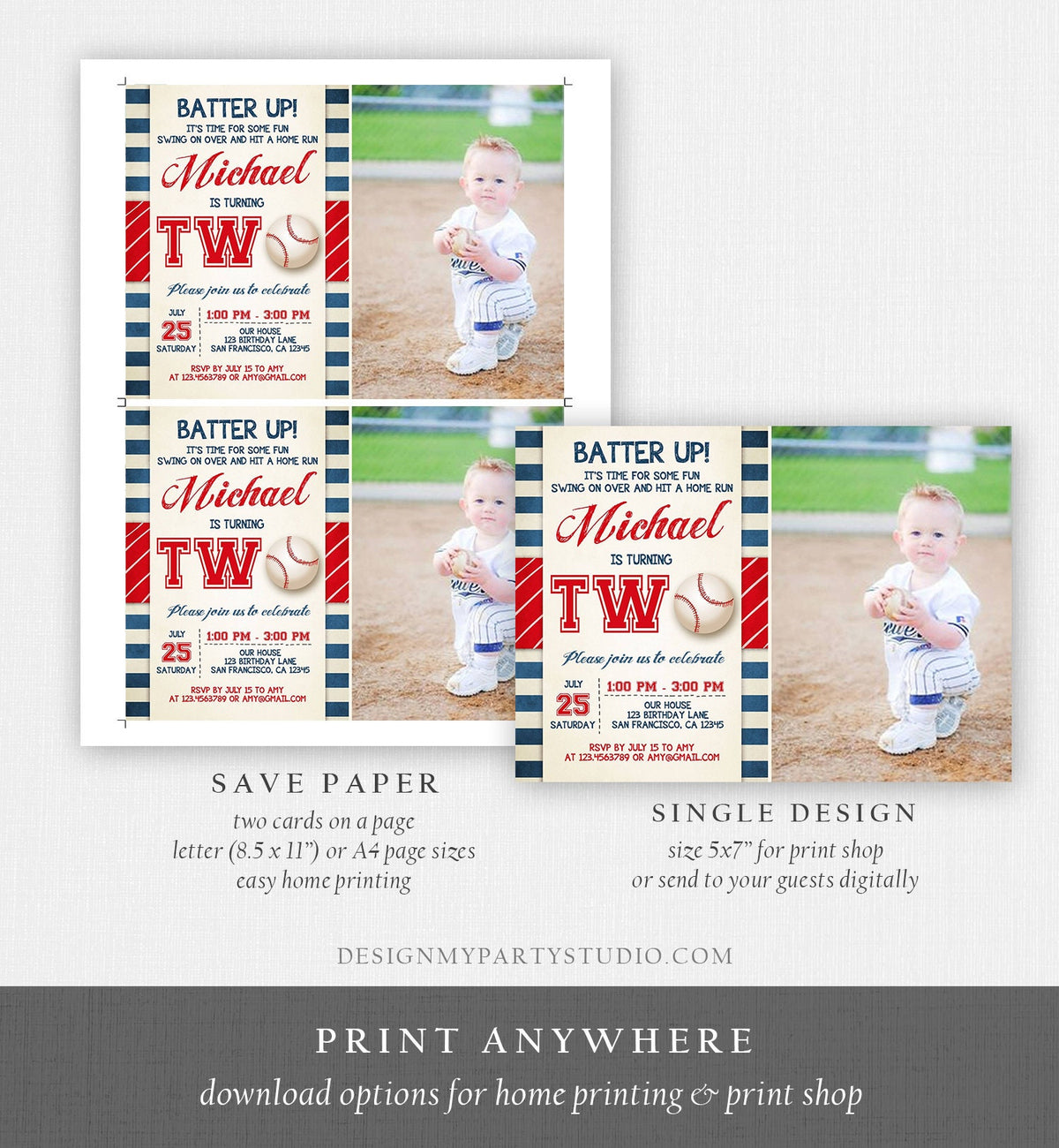Editable Baseball Second Birthday Invitation Little Slugger Playing Baseball Boy Red Blue Stripes 2nd Printable Corjl Template 0069