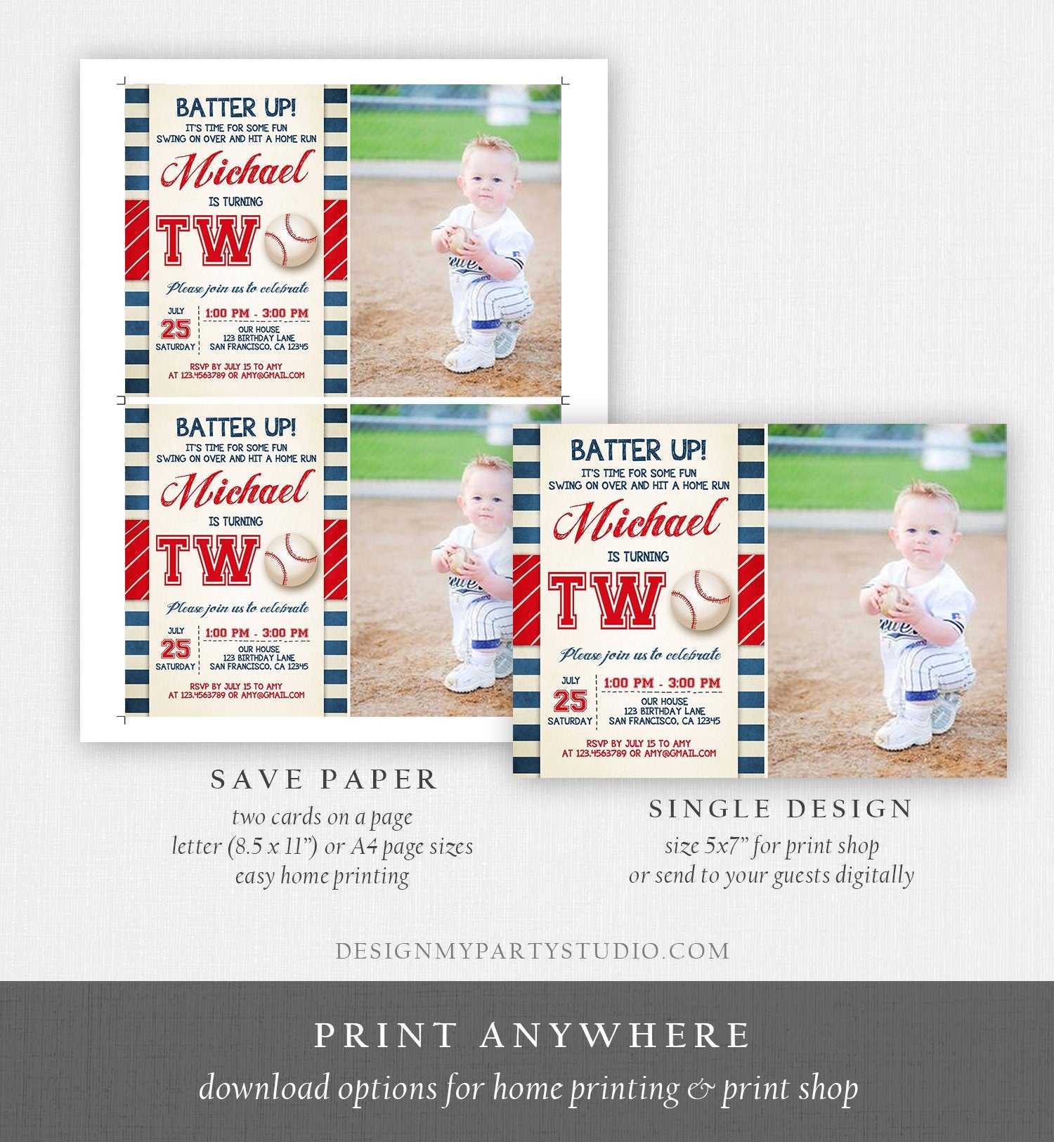 Editable Baseball Second Birthday Invitation Little Slugger Playing Baseball Boy Red Blue Stripes 2nd Printable Corjl Template 0069
