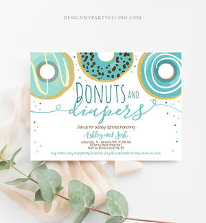 Editable Donuts and Diapers Baby Shower Invitation Sprinkle Sprinkled With Love Coed Boy Blue Pastel Download Printable Corj Template 0050