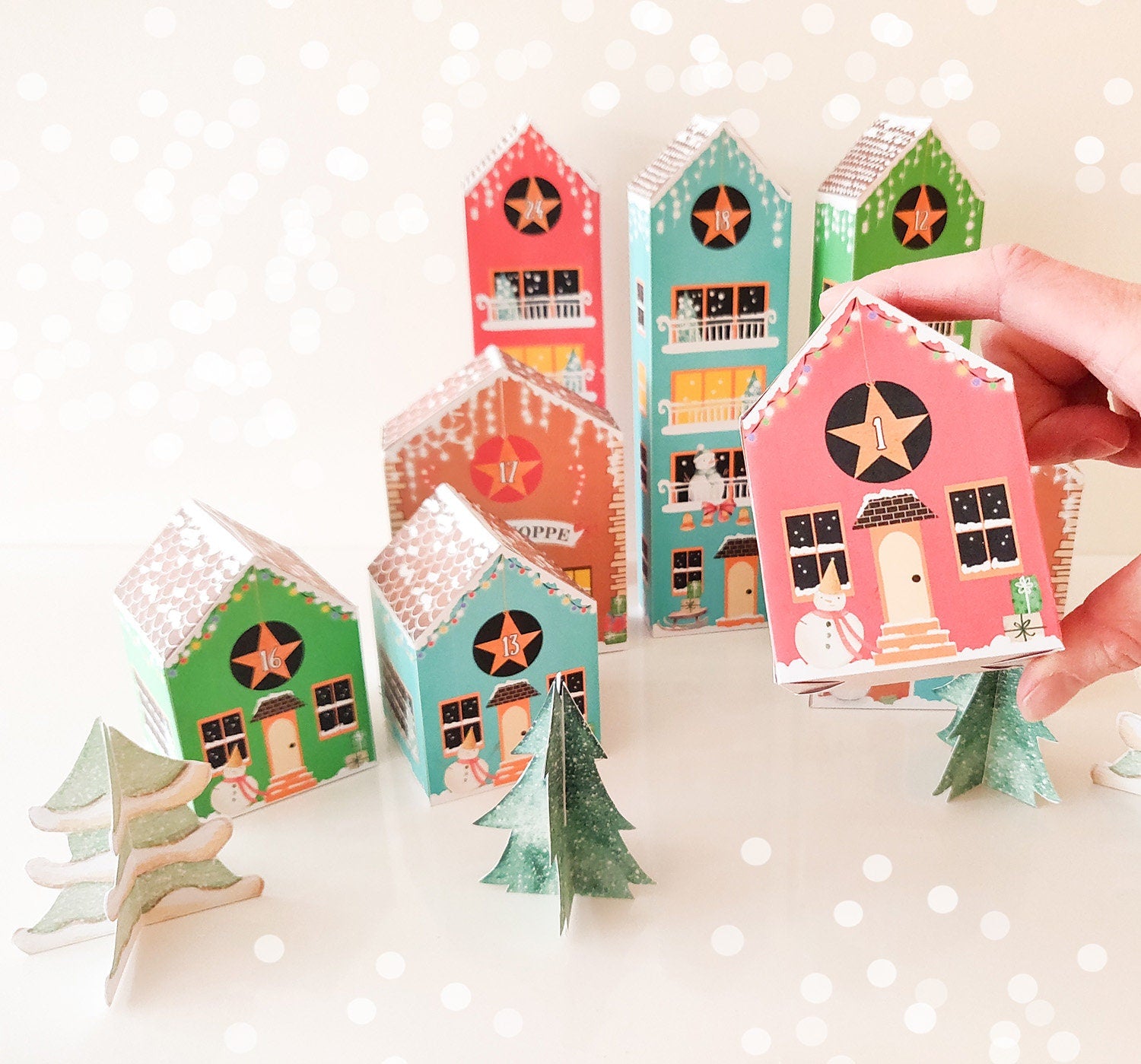 Printable Advent Calendar Houses DIY Paper Christmas Village Boxes Countdown to Christmas Xmas Kids Calendar Digital Instant Download