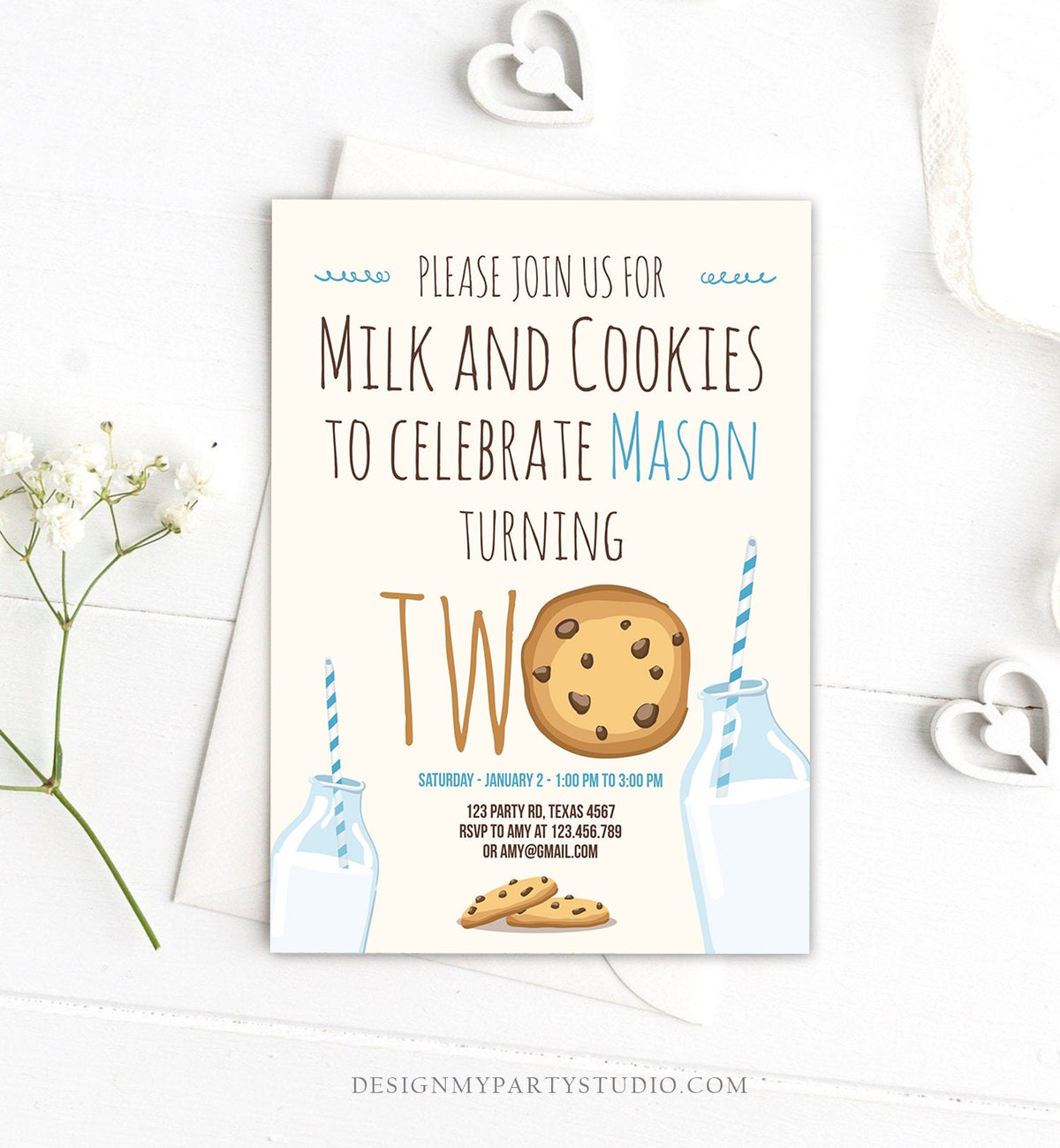 Editable Milk and Cookies Second Birthday Invitation Milk Cookies Party Boy 2nd Two Birthday Blue Digital Download Template Printable 0088