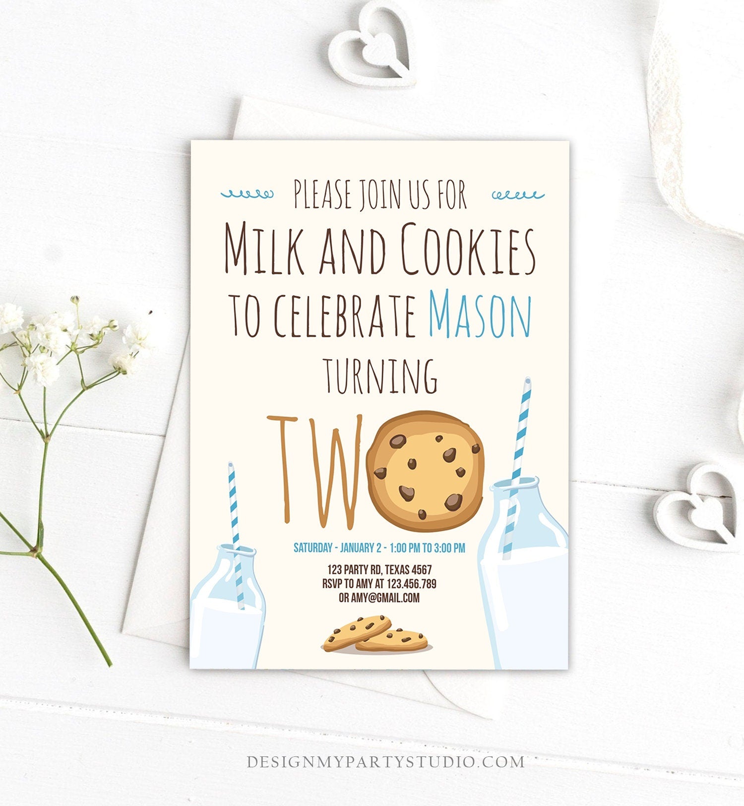 Editable Milk and Cookies Second Birthday Invitation Milk Cookies Party Boy 2nd Two Birthday Blue Digital Download Template Printable 0088