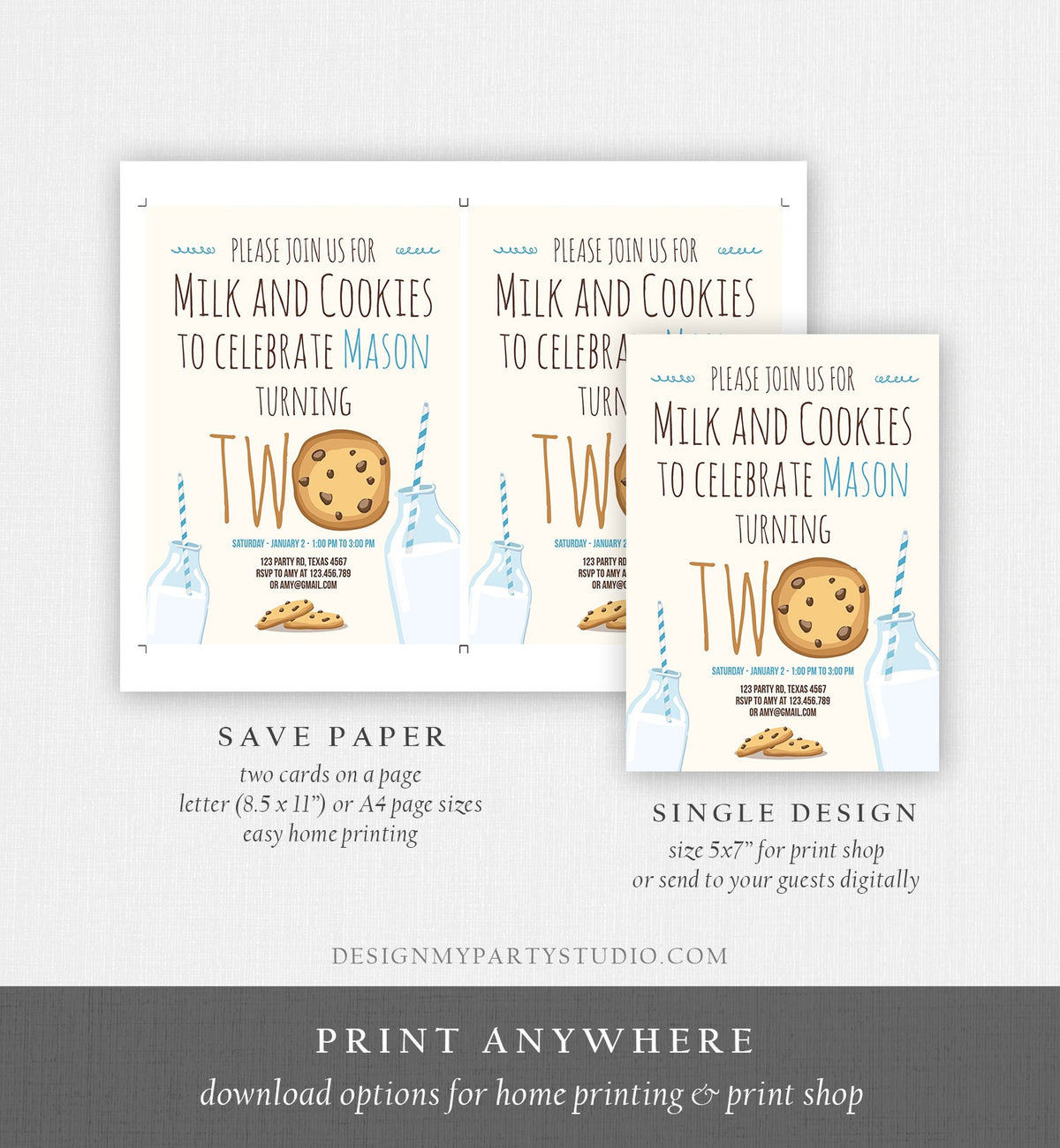 Editable Milk and Cookies Second Birthday Invitation Milk Cookies Party Boy 2nd Two Birthday Blue Digital Download Template Printable 0088
