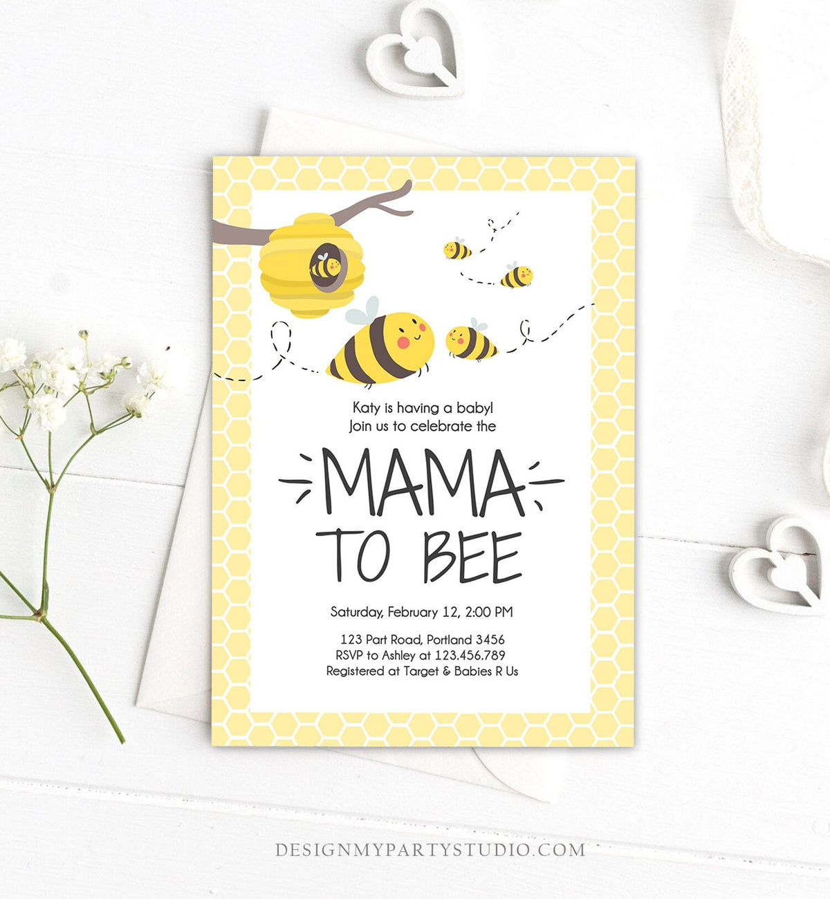 Editable Bee Baby Shower Invitation Mama to Bee Baby Shower Invite Honey Comb Hive Bees Download Printable Template Digital Corjl 0224