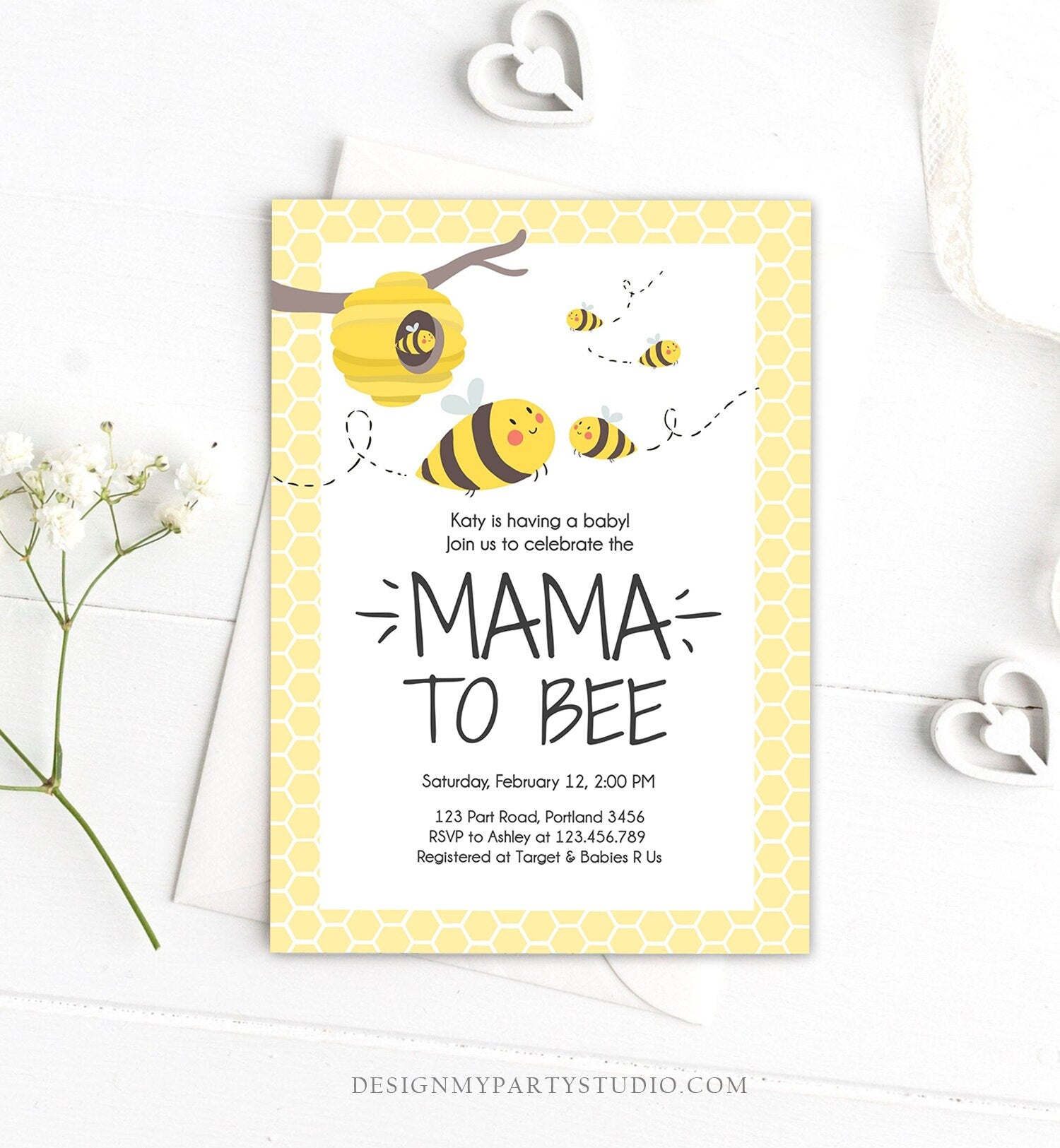 Editable Bee Baby Shower Invitation Mama to Bee Baby Shower Invite Honey Comb Hive Bees Download Printable Template Digital Corjl 0224